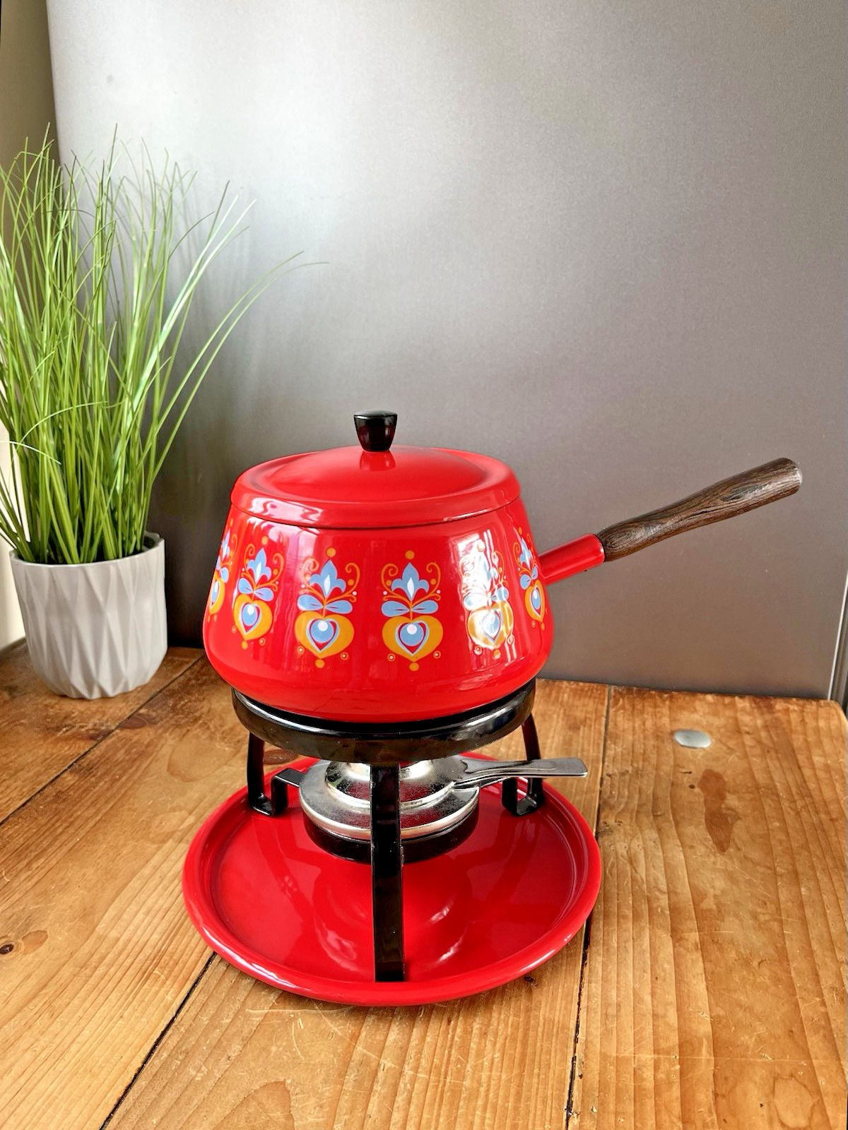 Mid Century 60's Scandinavian Style Dutch Red Floral Enamel Fondue Set & Burner photo furniture
