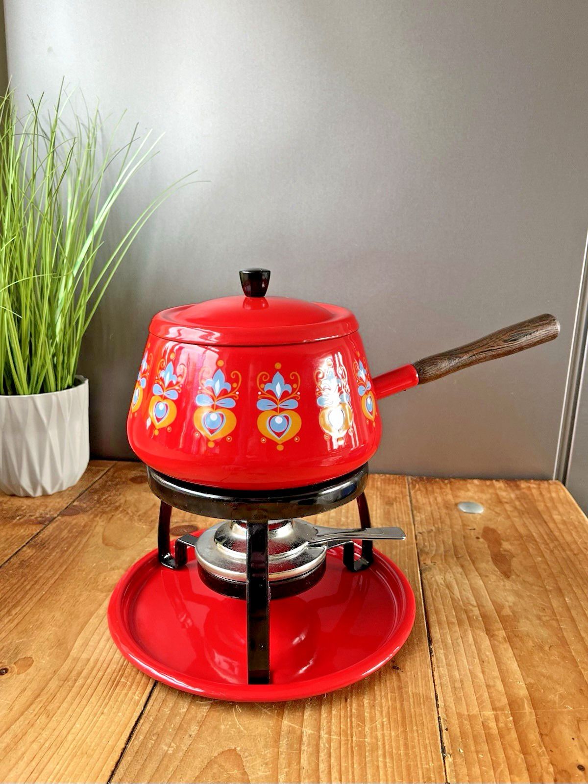 Mid Century 60's Scandinavian Style Dutch Red Floral Enamel Fondue Set & Burner photo for sale