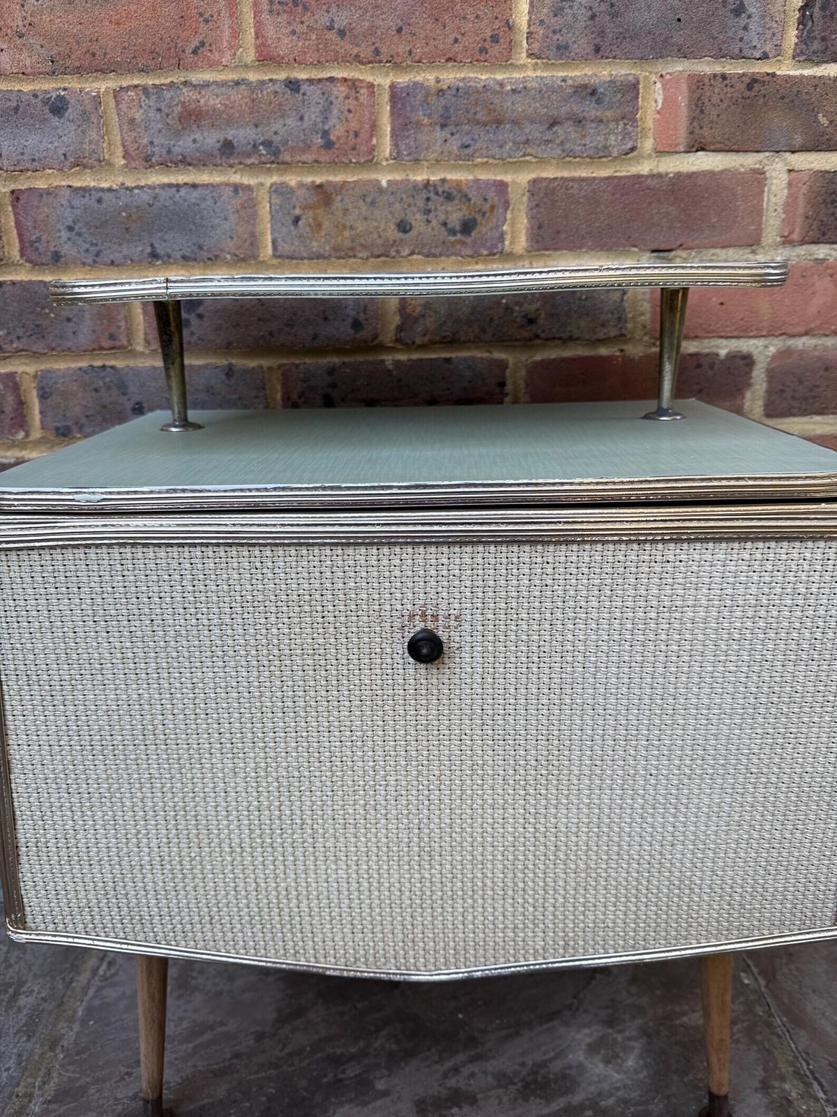 Rare Mid Century Bedside Cupboard, Super Retro Style With Woven Detail, Chrome Effect And Tapered Legs photo furniture