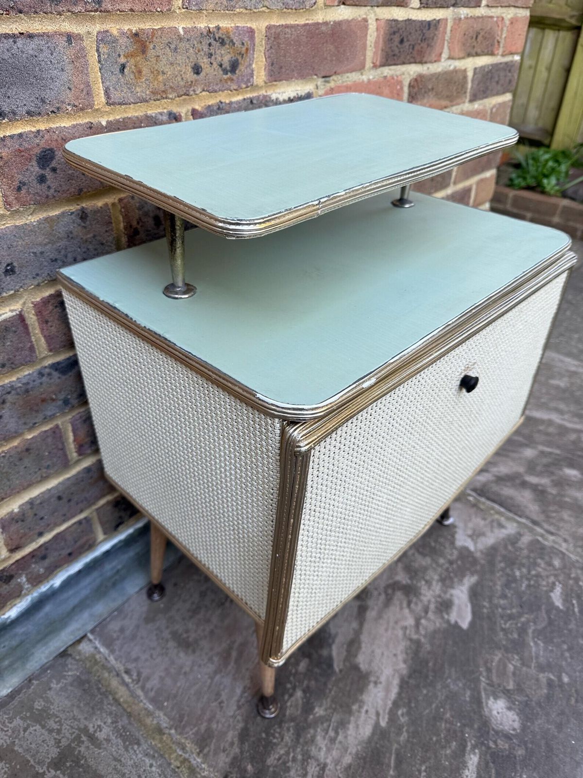 Rare Mid Century Bedside Cupboard, Super Retro Style With Woven Detail, Chrome Effect And Tapered Legs photo for sale