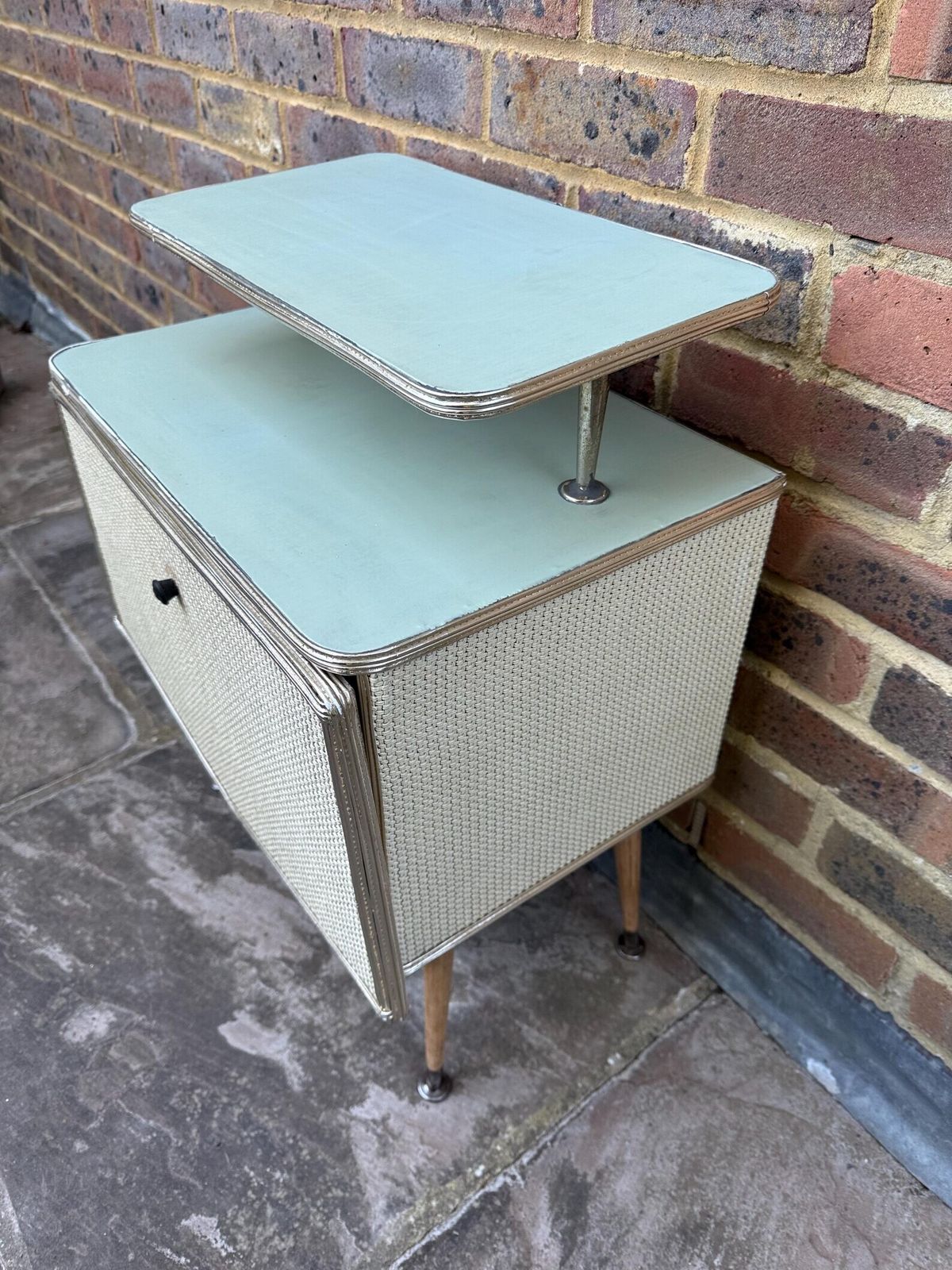 Rare Mid Century Bedside Cupboard, Super Retro Style With Woven Detail, Chrome Effect And Tapered Legs photo vinterior