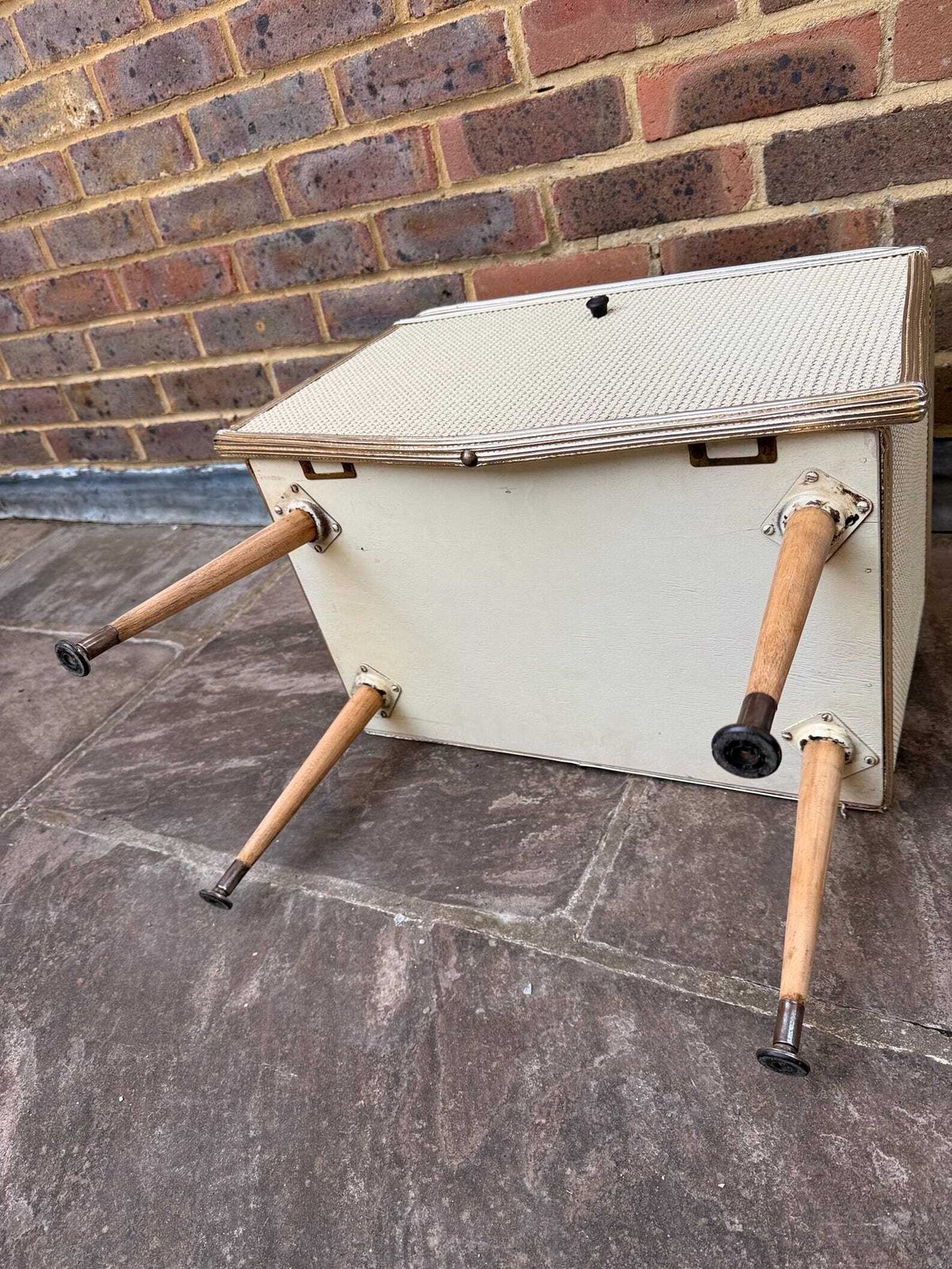 photo furniture Rare Mid Century Bedside Cupboard, Super Retro Style With Woven Detail, Chrome Effect And Tapered Legs