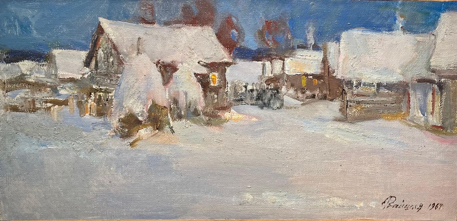 Leonid Vaichilia"Evening In The Small Town" Snow, Winter, White Oil  Cm.50 X 25  19671967 photo furniture