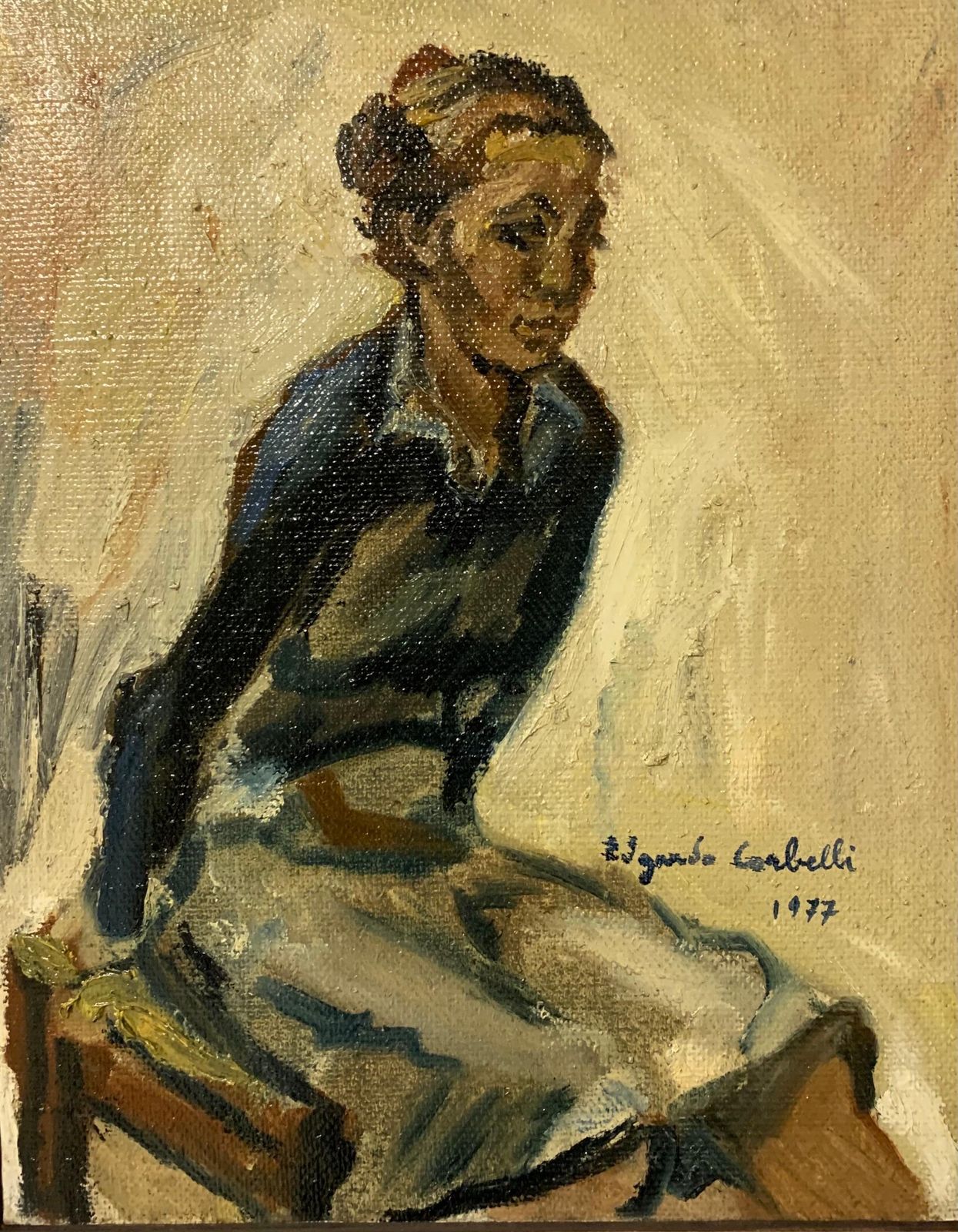Edgardo Corbelli"Model Sitting" Woman, Oil Cm.40 X 50 19771977 photo furniture
