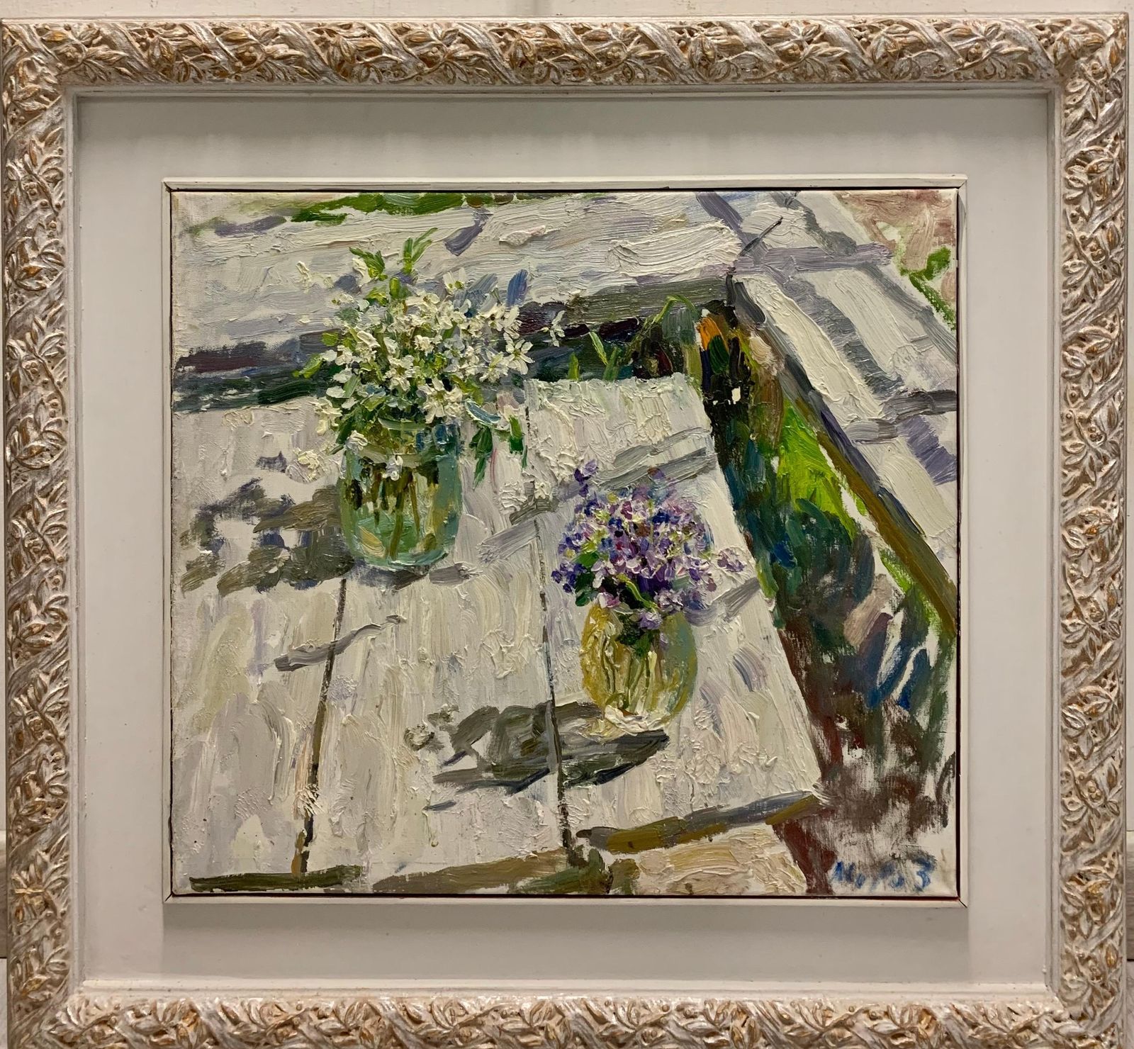 Georgij Moroz" First Spring Flo On The Table" Oil Cm. 52 X 47 Flowers, Viola, Violette, White2000