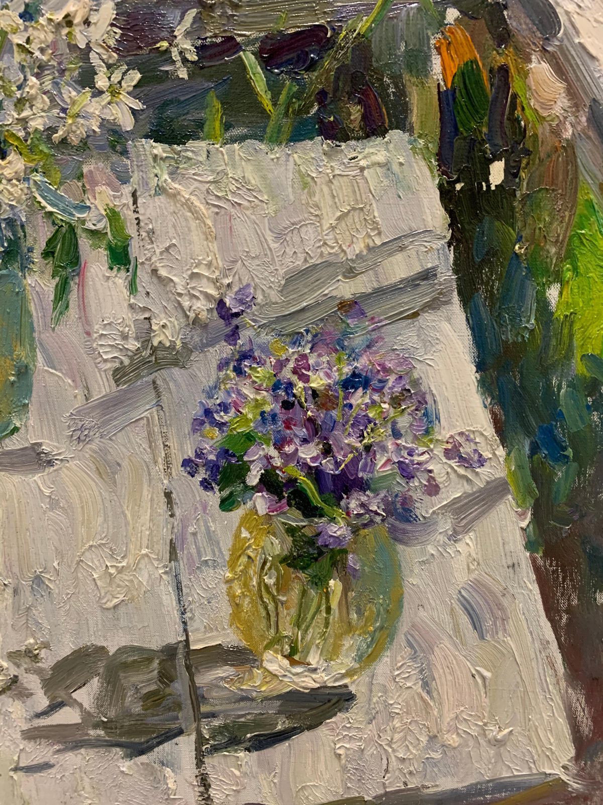 Georgij Moroz" First Spring Flo On The Table" Oil Cm. 52 X 47 Flowers, Viola, Violette, White2000 photo for sale