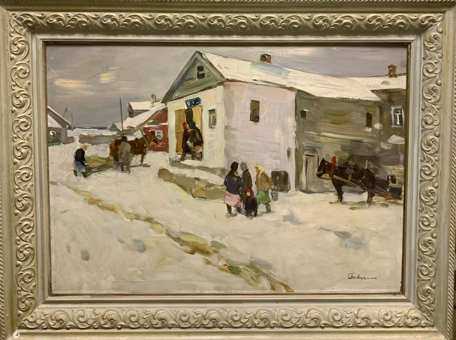 Boris Lavrenko"Little Shop In The Village" Oil 1980, Snow, Winter, White1980