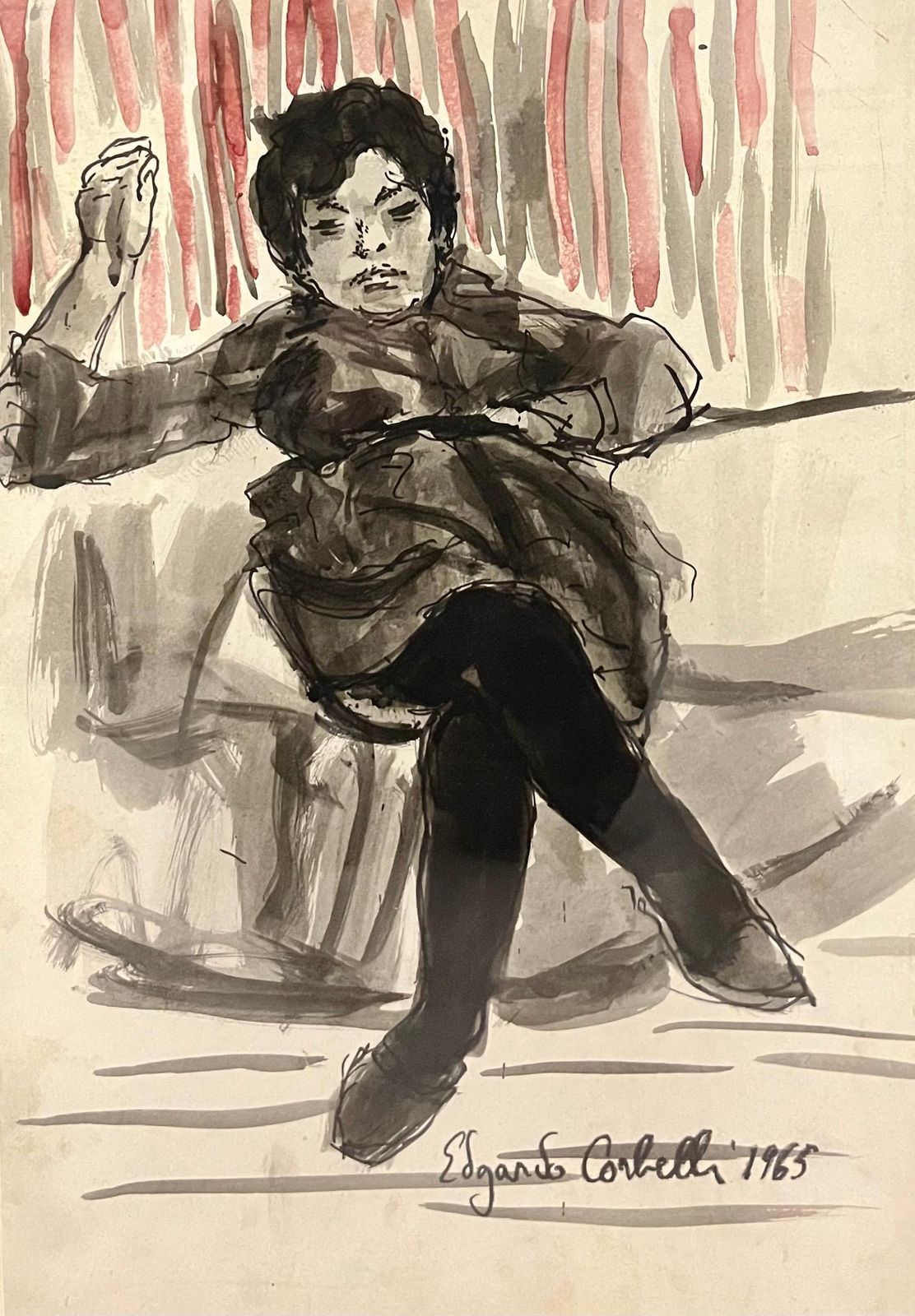 Edgardo Corbelli"Luisa On The Sofa" Watercolor And Black Ink Cm. 33 X 46 19651965 photo furniture