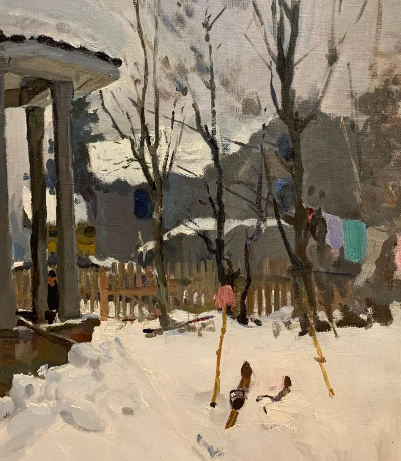 Gleb Savinov Dacha In Winter Oil Cm. 61 X 80 1980 Skis  White  Snow 1980 photo for sale