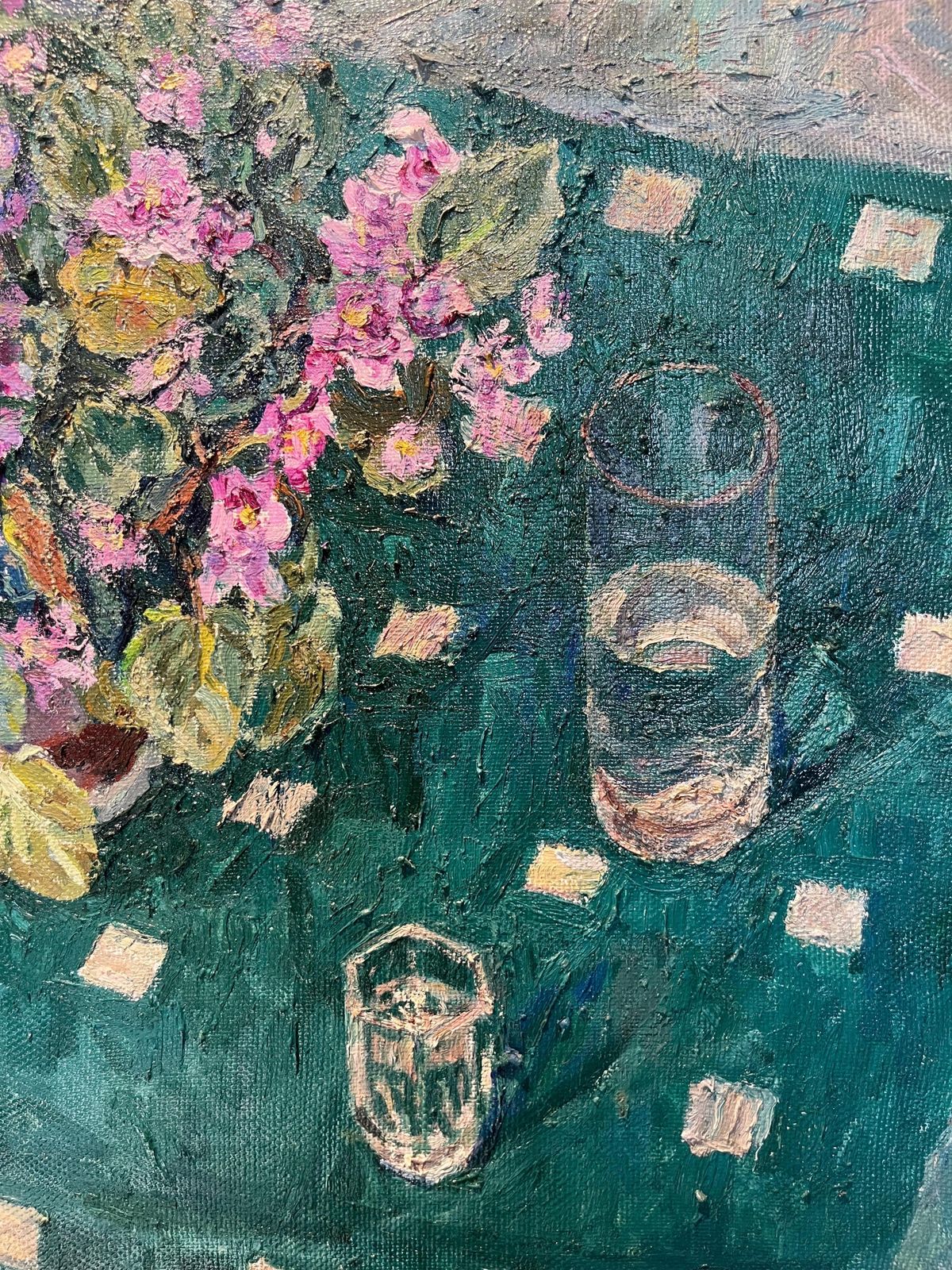 Maya Kopitzeva" Violets On A Green Tablecloth" Oil Cm. 70 X 60 photo for sale