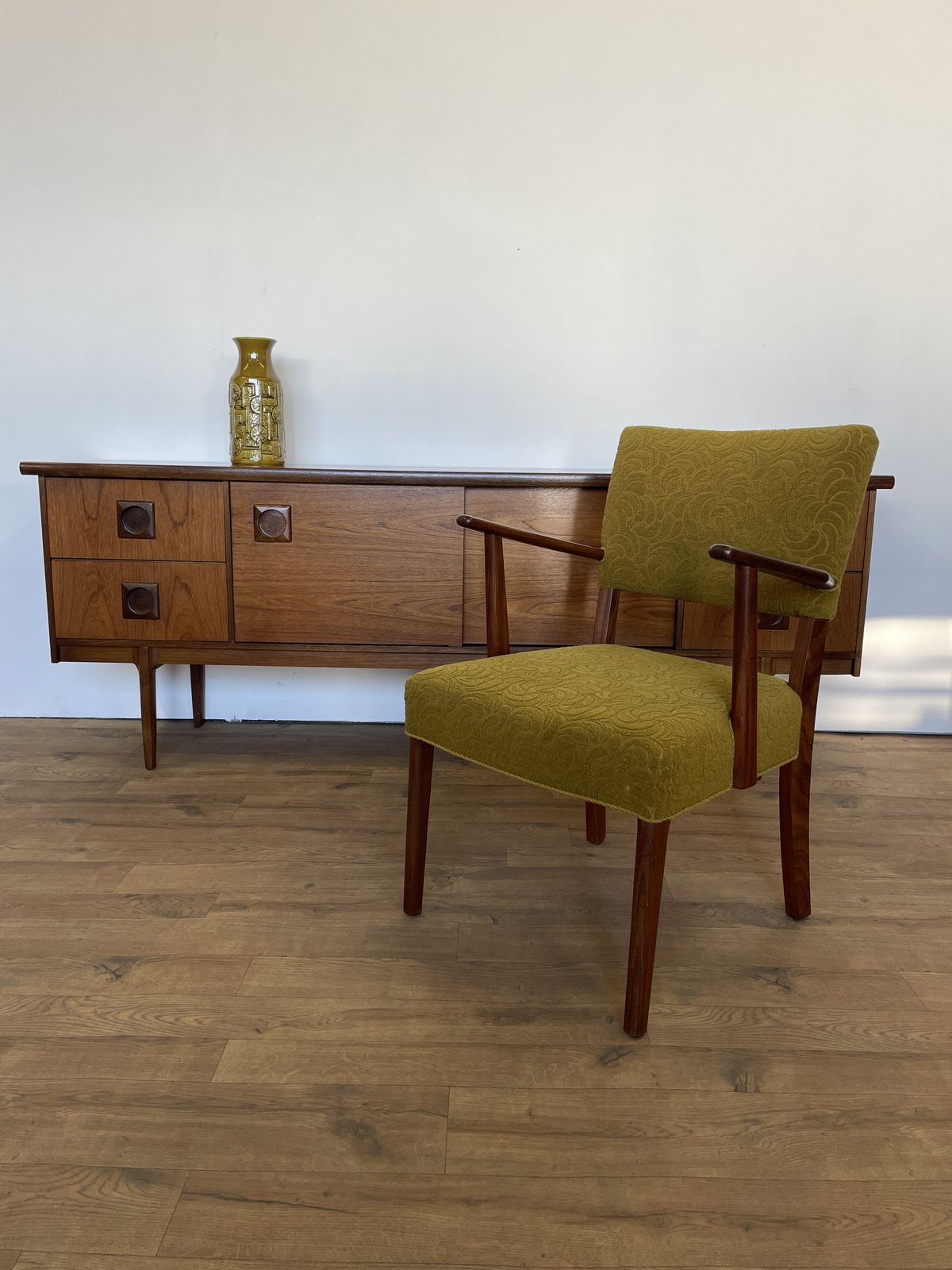 350.0 Danish Teak Upholstered Armchair W/ Green Fabric photo