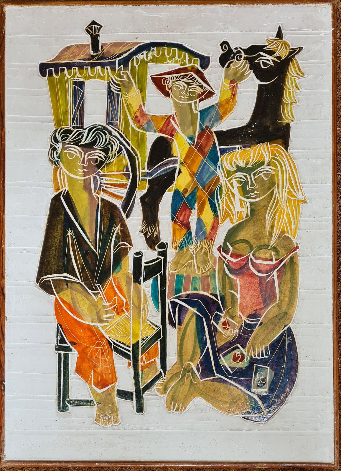 1020.0 Jean Pierre De Cayeuxmid Century Sgraffito, Saltimbanque And The Card Player, Circle Of Picasso.1959 photo