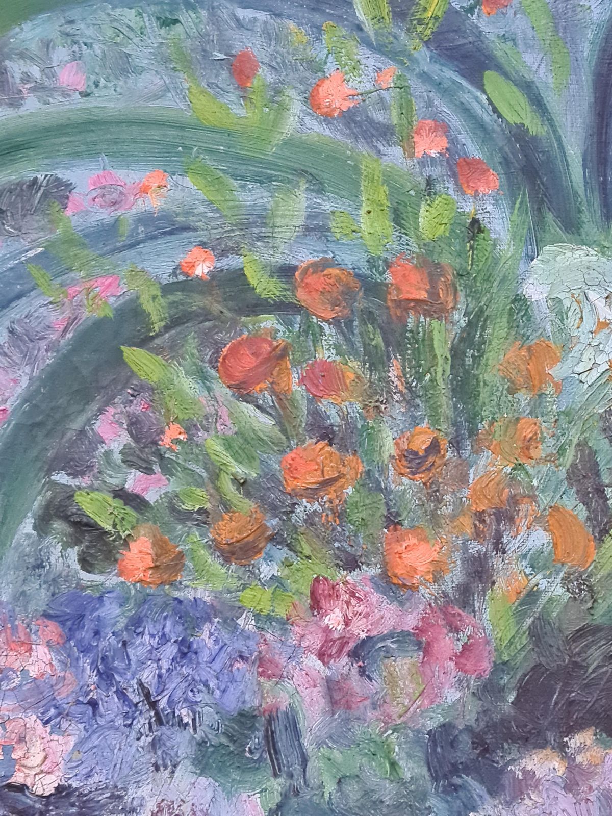 June Fortanfrench Impressionist Interior View, Floral Abundance, View From A Window. Oil.1950s photo Art