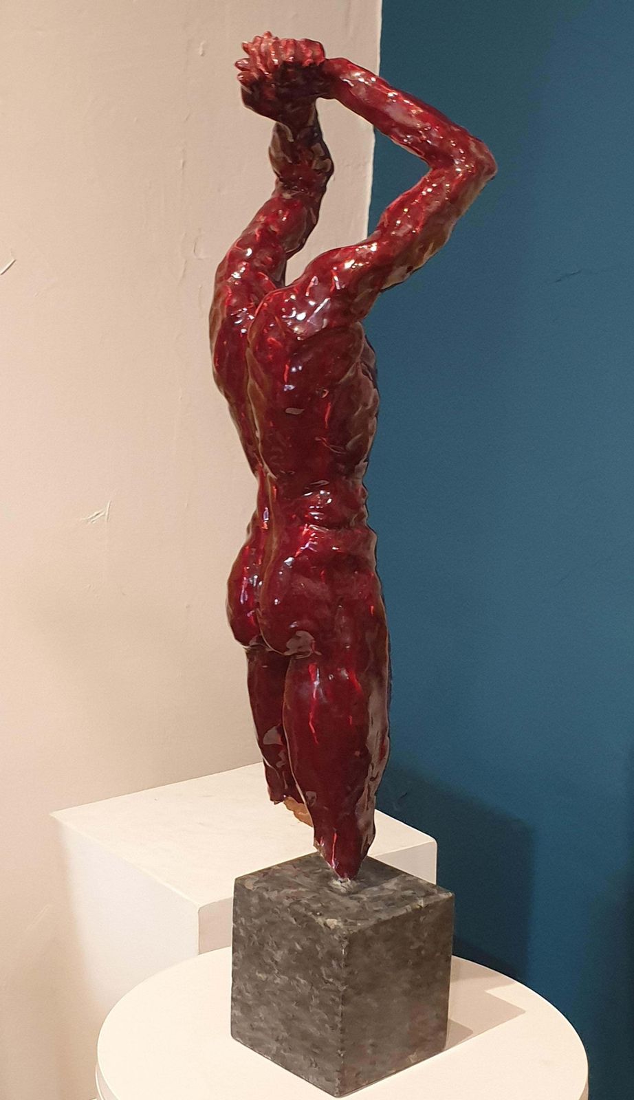Mid Century Nude Male Acephale Sang De Boeuf Ceramic Sculpture With Marble Base. photo vinterior