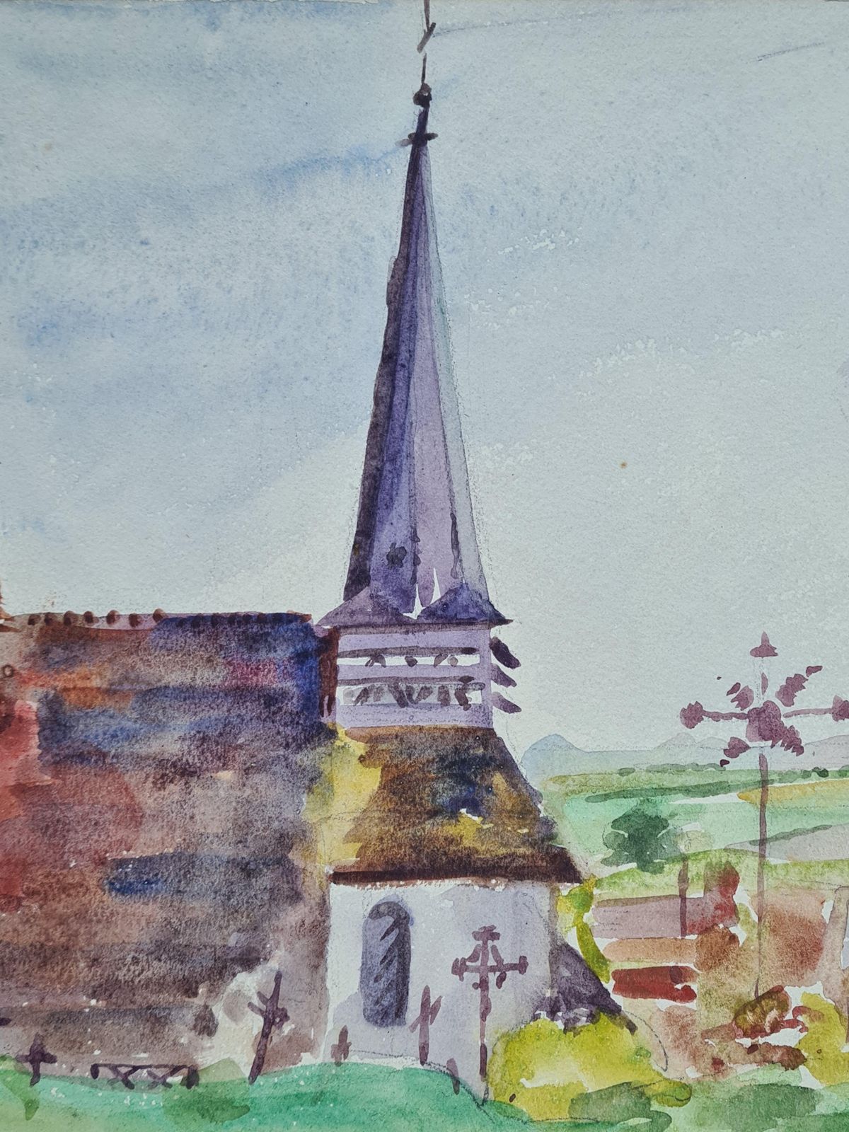 Henri Clamen1930s French Barbizon School Watercolour Of A Church In A Lansdscape. photo furniture