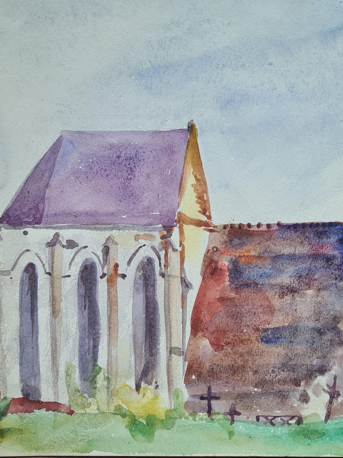 Henri Clamen1930s French Barbizon School Watercolour Of A Church In A Lansdscape. photo for sale