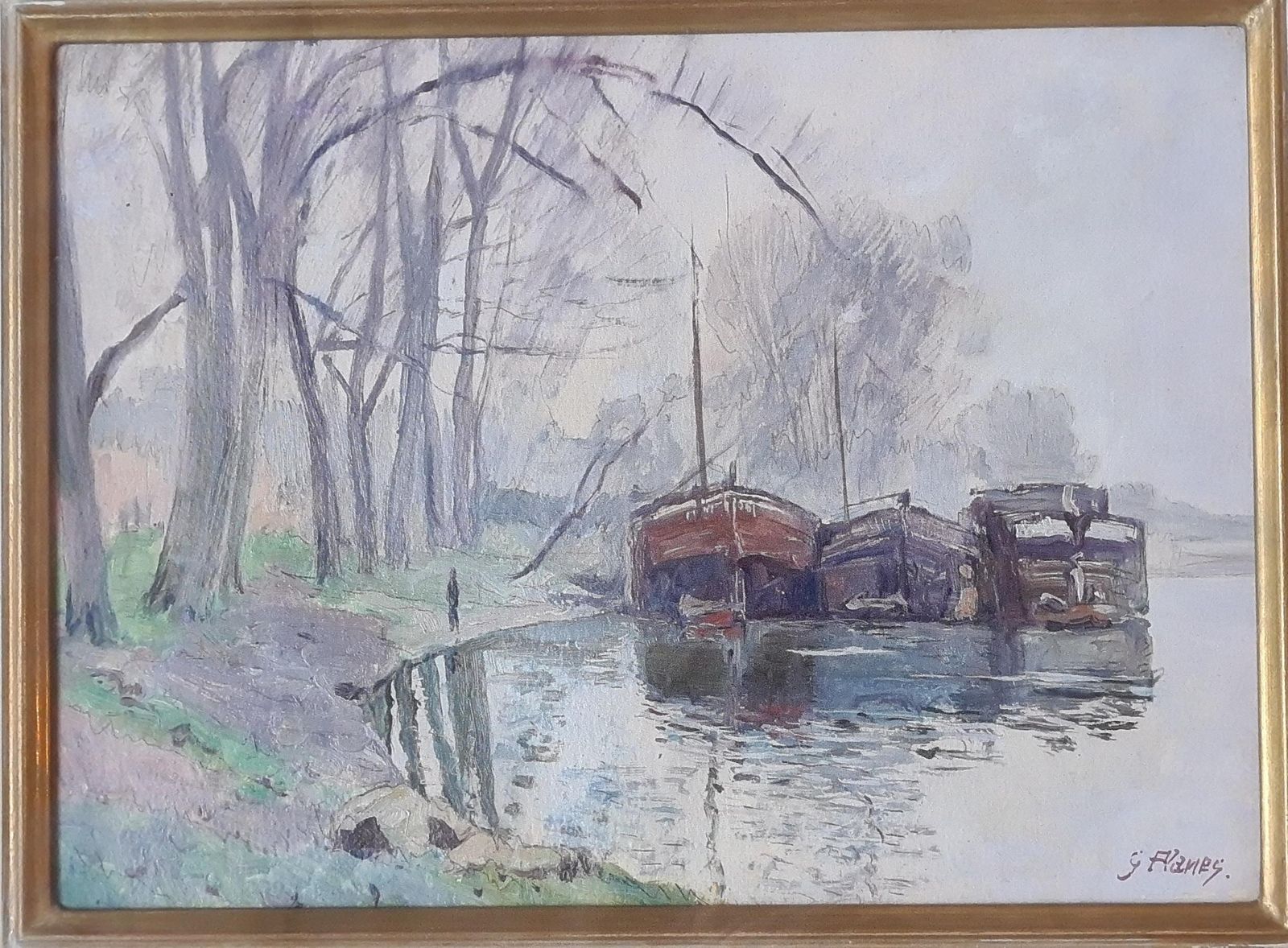 Georges Planesfrench Watercolor And Oil On Board Impressionist Painting, The River Barges.1930s