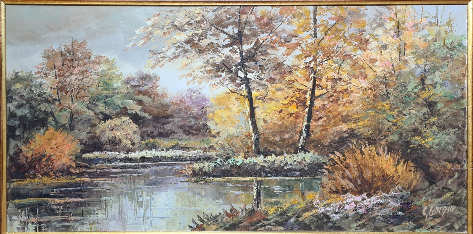 G Lorique'autumn At The Riverbank', Large Scale French Rural Landscape. Oil On Canvas.