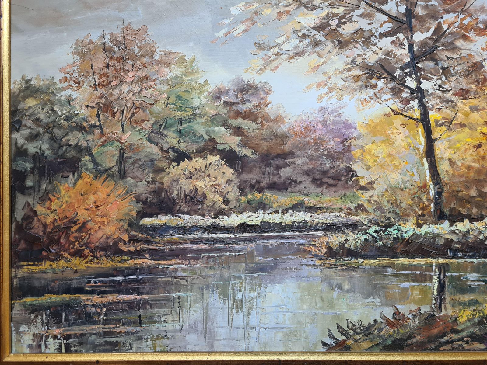 G Lorique'autumn At The Riverbank', Large Scale French Rural Landscape. Oil On Canvas. photo Art