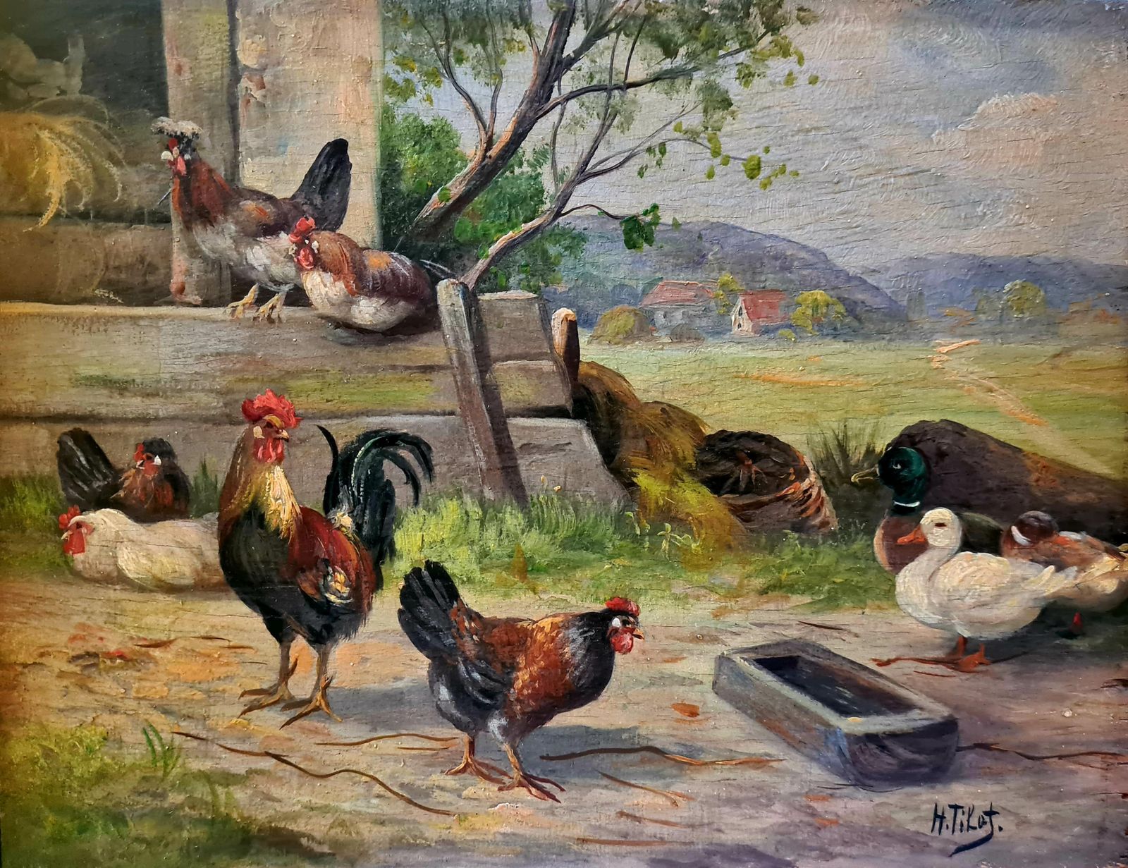 H Tikatfrench Oil On Panel Rural Landscape, Chickens And Ducks In A Farmyard.1920s