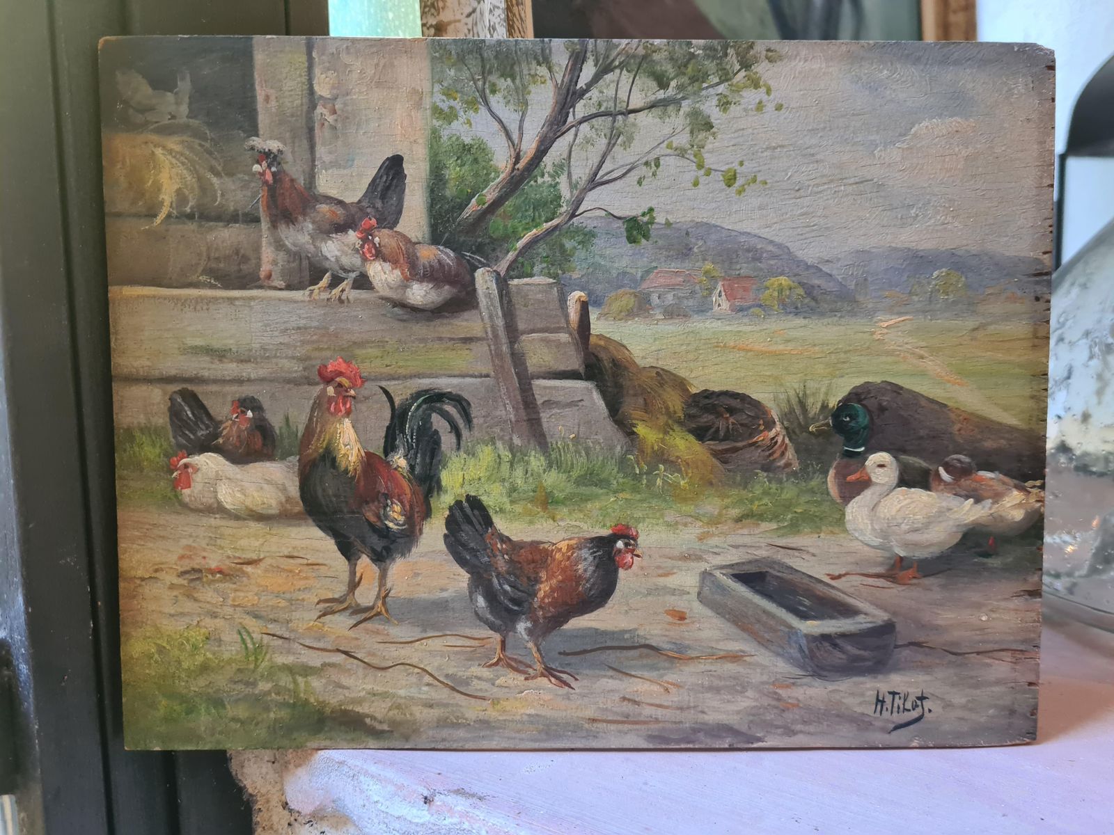Art H Tikatfrench Oil On Panel Rural Landscape, Chickens And Ducks In A Farmyard.1920s photo