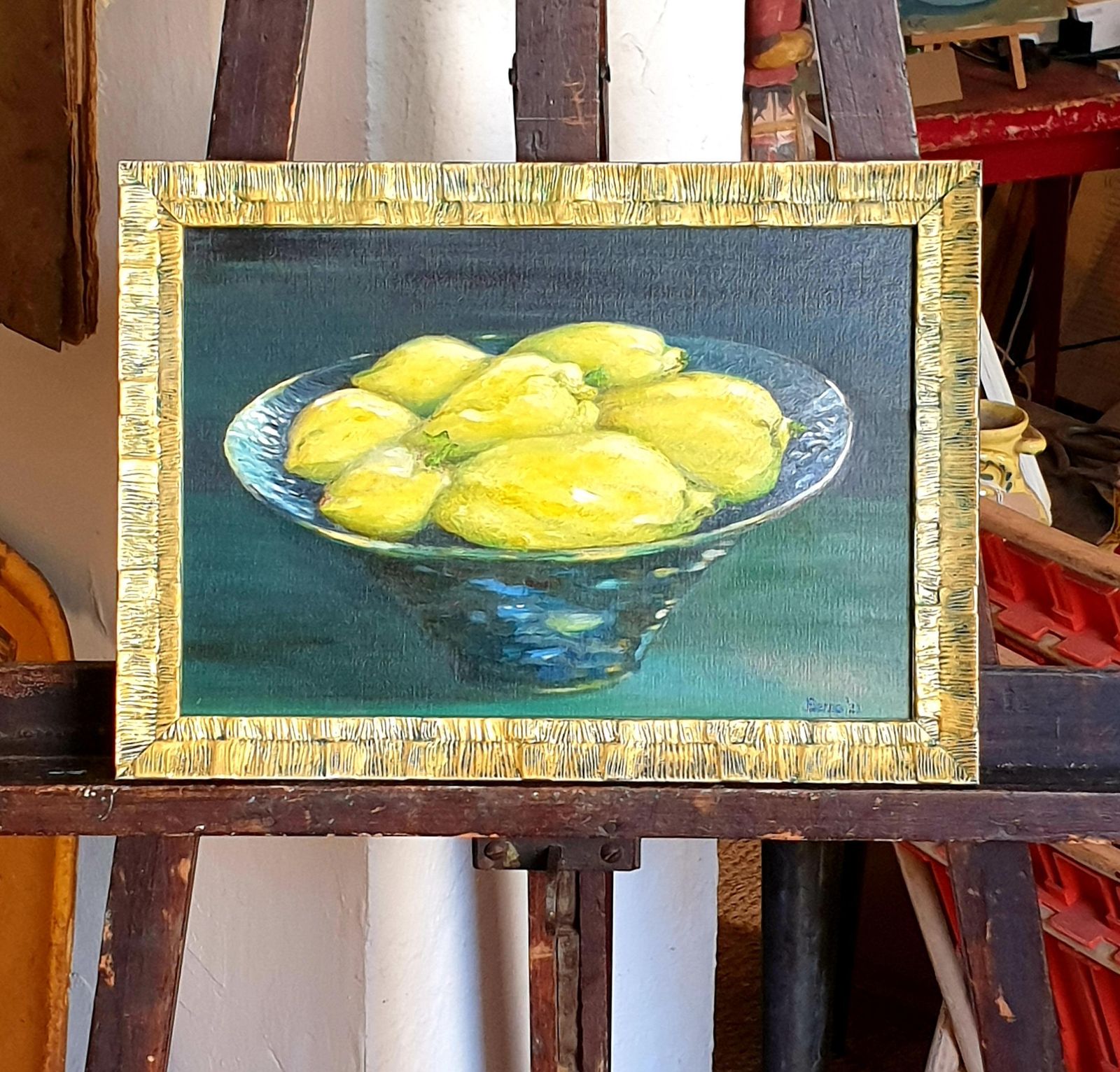 photo vintage Bernadette Van Baarsencontemporary Realist Still Life Oil Of Lemons. 'Citrons De Barbara'. 2021