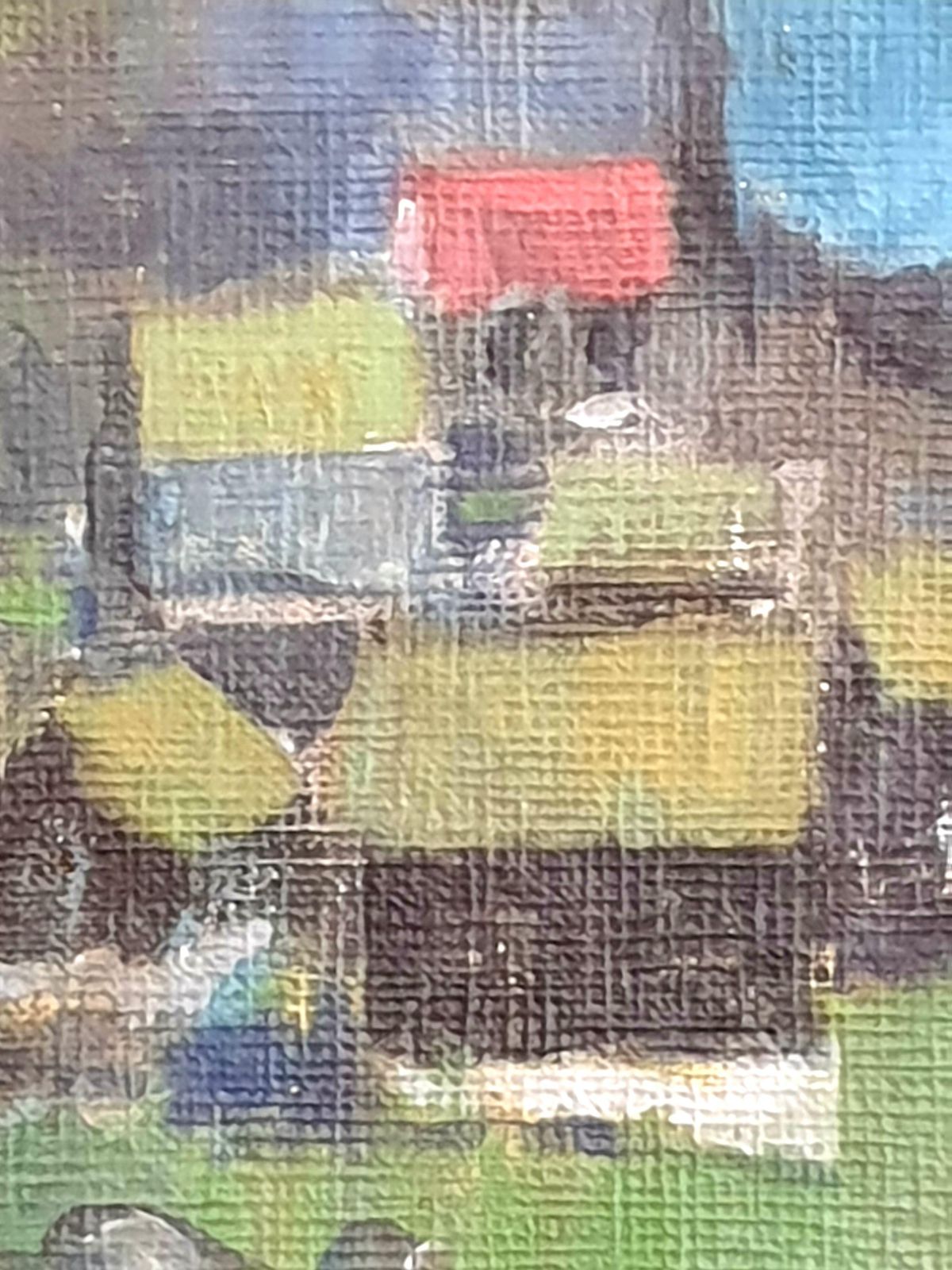 Poul Møller Danish Mid Century Colourfield Oil On Board Of Houses In A Coastal Scene.1976 photo vintage