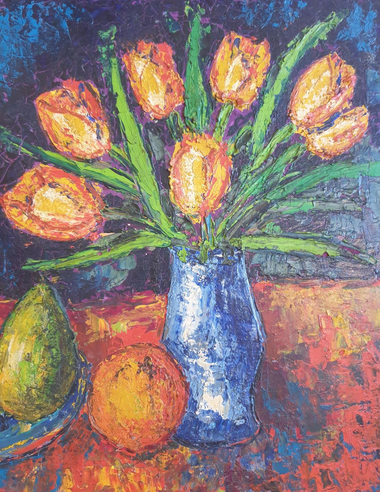 Henri Chapignuecolourful French Oil On Board Tablescape. Tulips, Carafe And Three Fruits. 1975 photo for sale