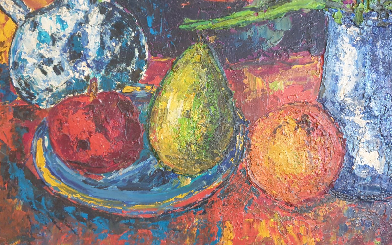 Henri Chapignuecolourful French Oil On Board Tablescape. Tulips, Carafe And Three Fruits. 1975 photo Art