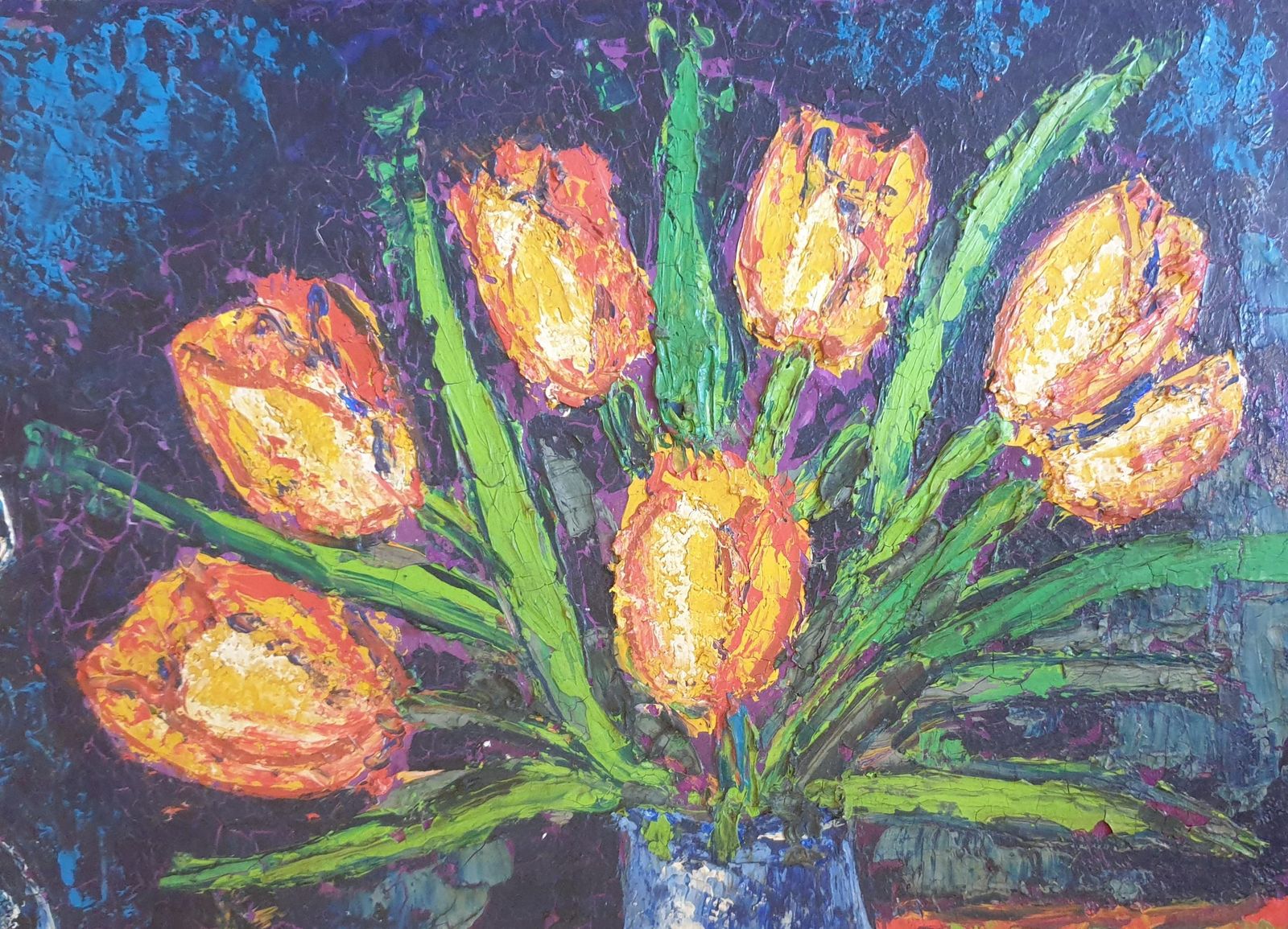 Henri Chapignuecolourful French Oil On Board Tablescape. Tulips, Carafe And Three Fruits. 1975 photo vinterior