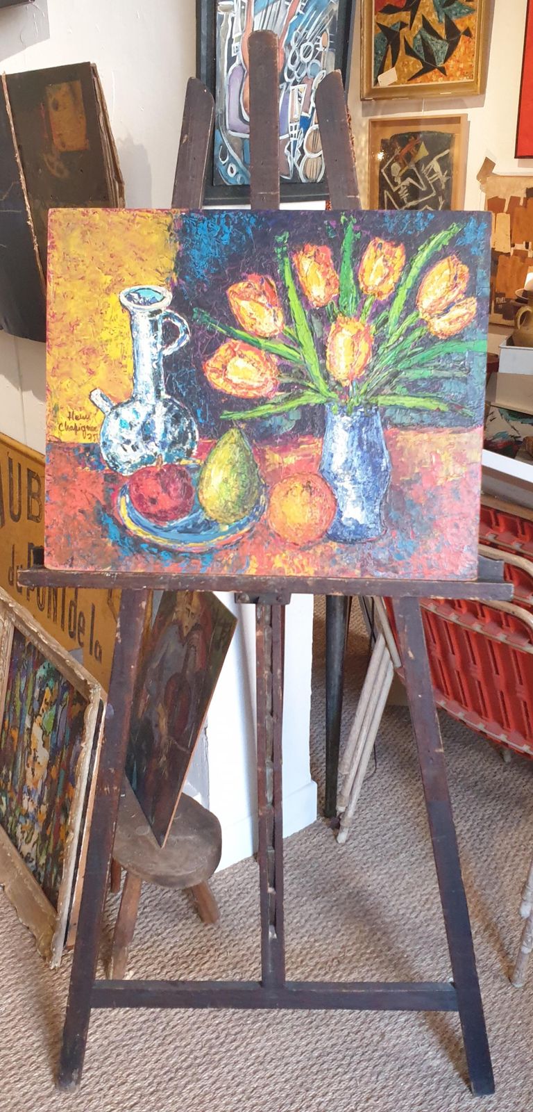 Henri Chapignuecolourful French Oil On Board Tablescape. Tulips, Carafe And Three Fruits. 1975 photo buy