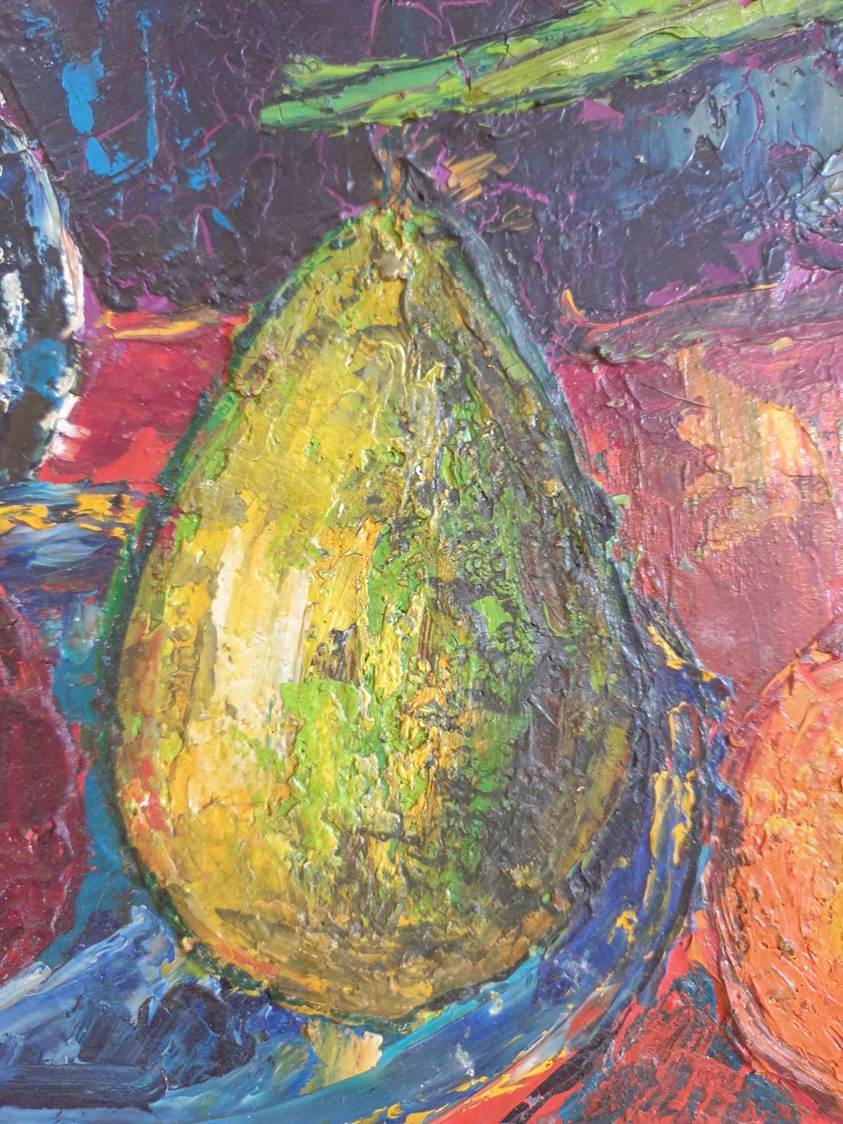 photo vinterior Henri Chapignuecolourful French Oil On Board Tablescape. Tulips, Carafe And Three Fruits. 1975