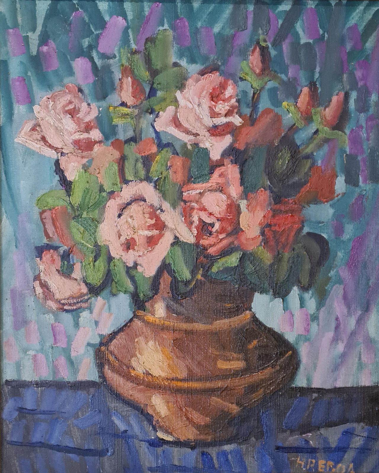 Henri Reboastill Life Of Roses In A Vase, Mid Century French Oil On Canvas.Circa 1950's photo furniture