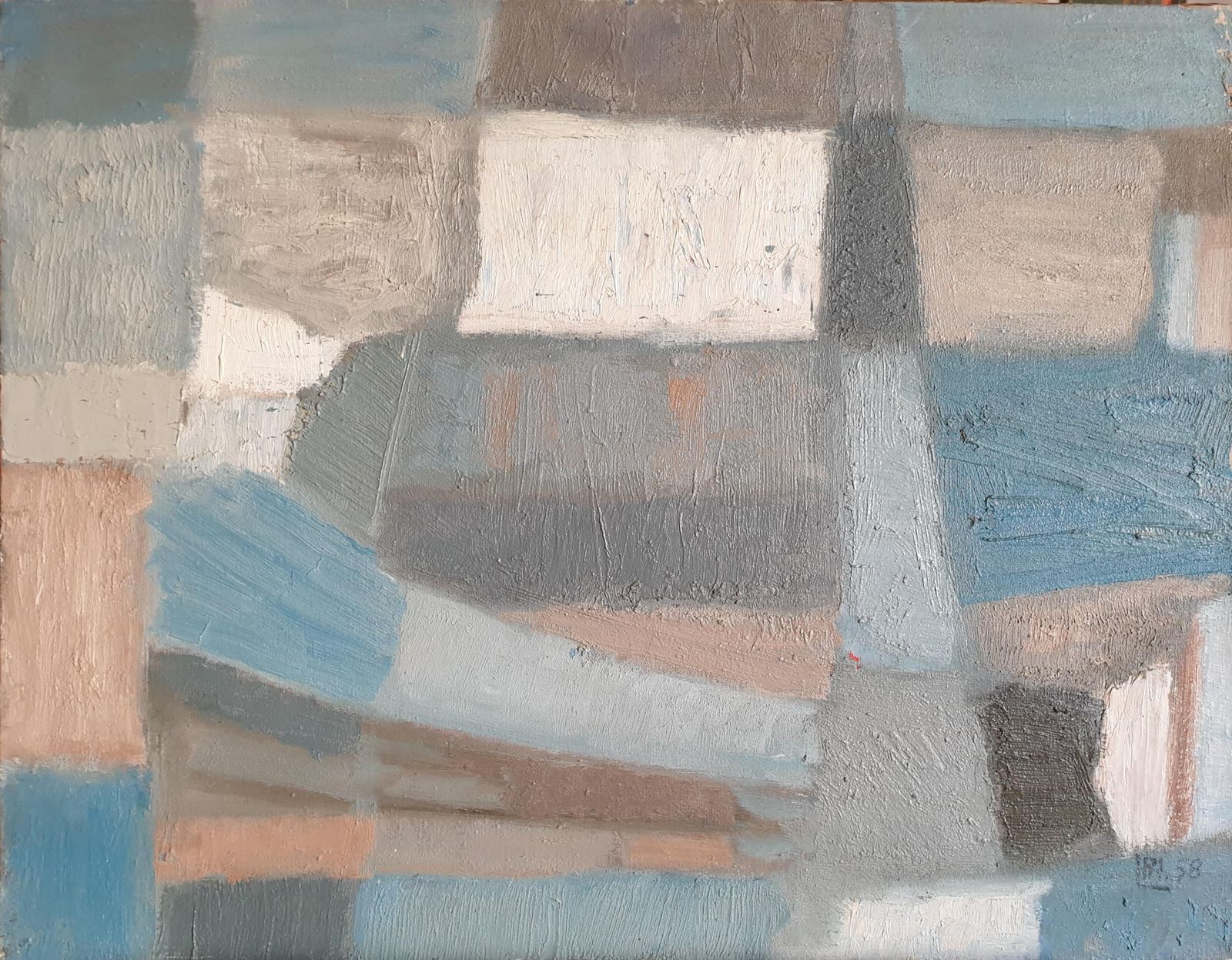 Philippe Lepatremid Century Abstract Oil On Canvas. Composition In Blue.1958