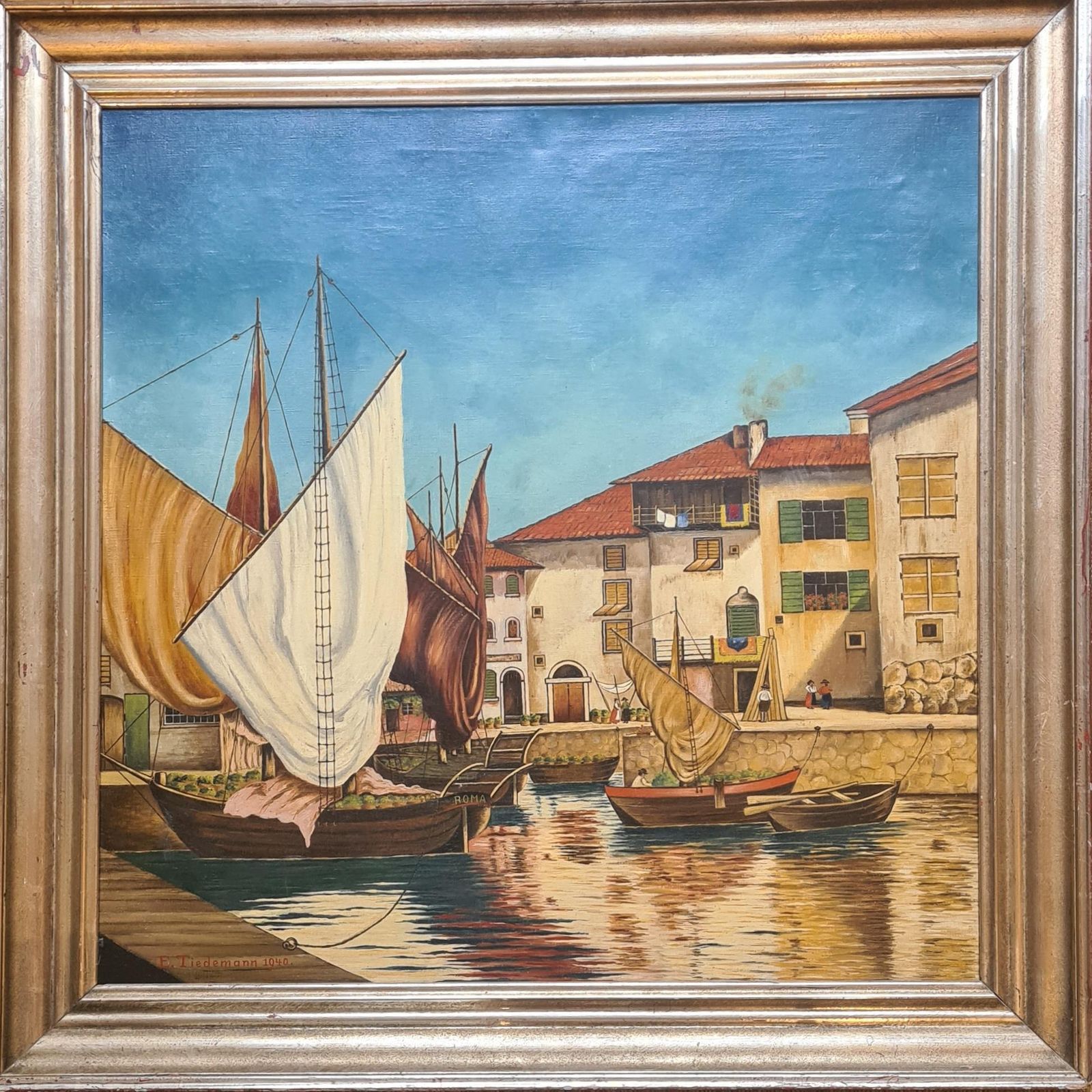 E Tiedemannmid 20th Century Mannerist Large Scale Oil On Canvas, Boats In The Port1940