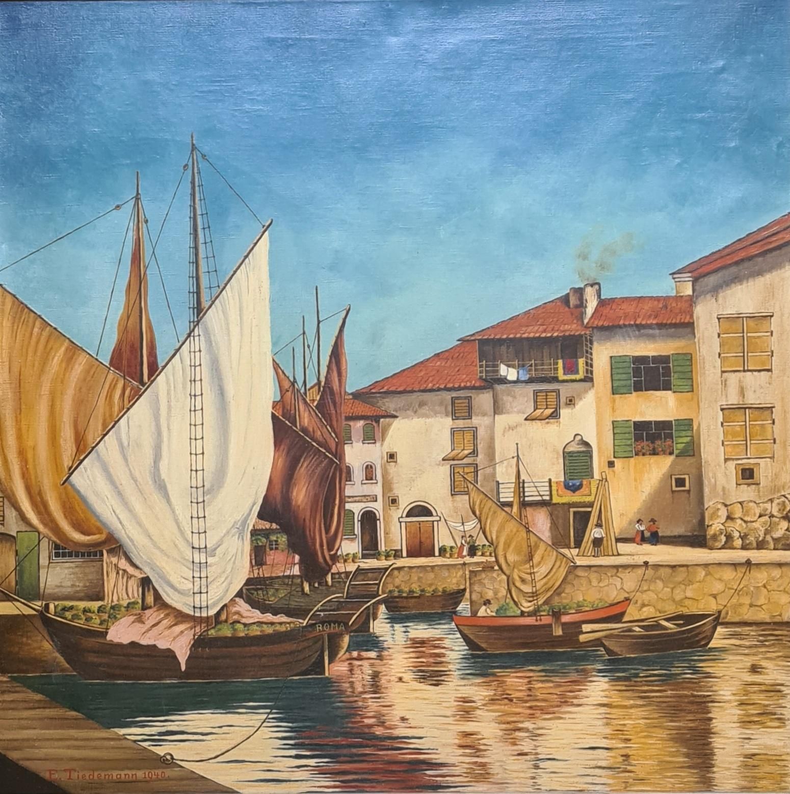 E Tiedemannmid 20th Century Mannerist Large Scale Oil On Canvas, Boats In The Port1940 photo furniture