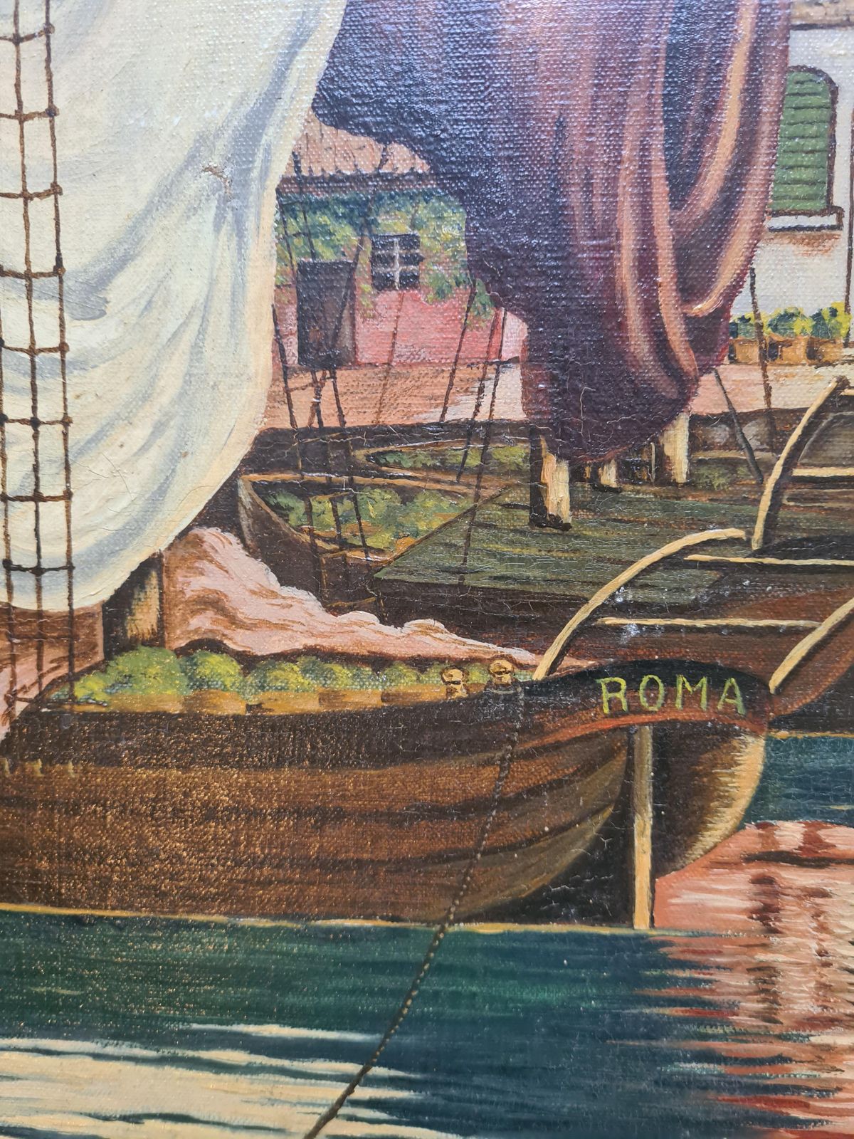 E Tiedemannmid 20th Century Mannerist Large Scale Oil On Canvas, Boats In The Port1940 photo vintage