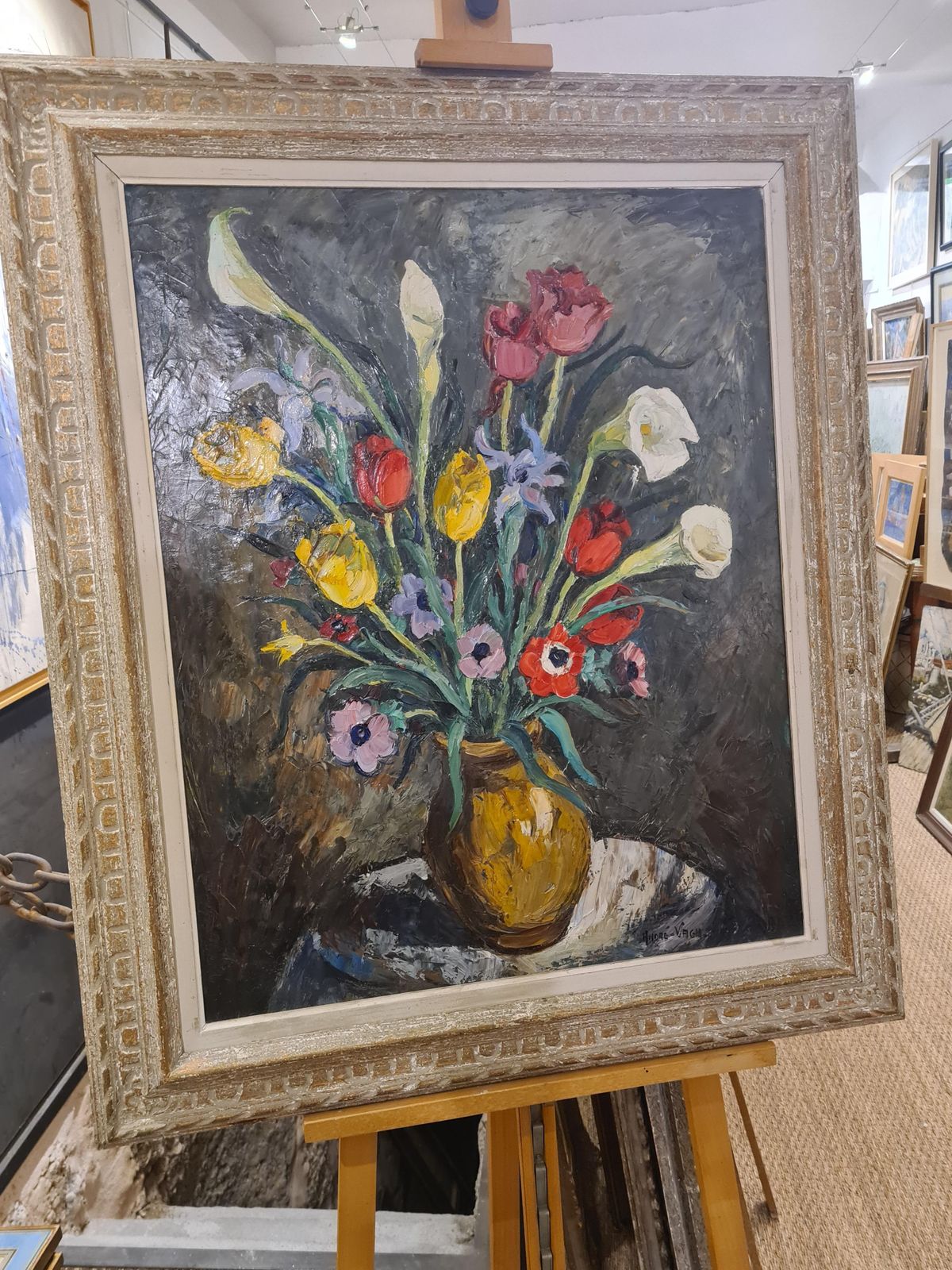 Art André Vagh Weinmannlarge Scale French Oil On Canvas Still Life Of Flowers, Tulips, Iris And Lillies1963 photo
