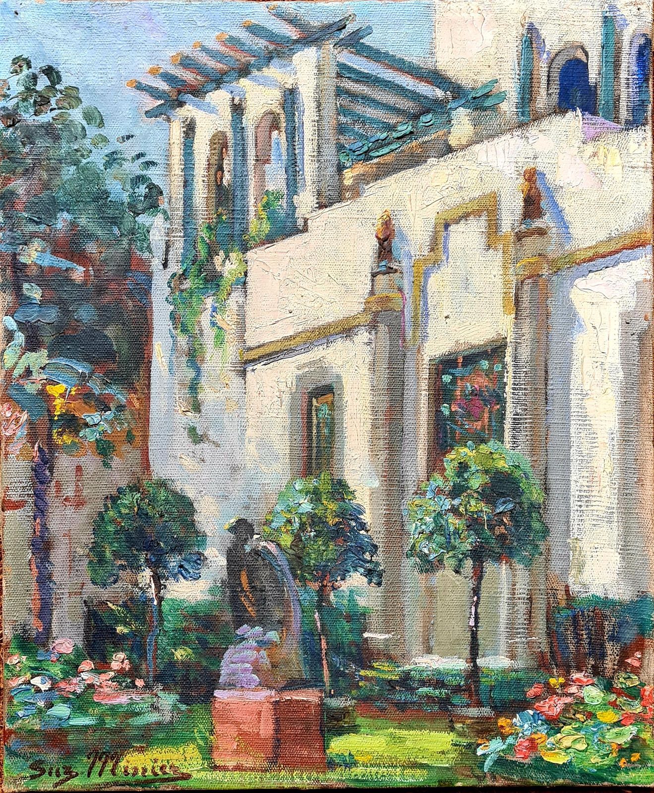 Suzanne Miniermoorish, Belle Epoque, Villa And Garden At St Tropez French Oil On Canvas.1930s photo furniture