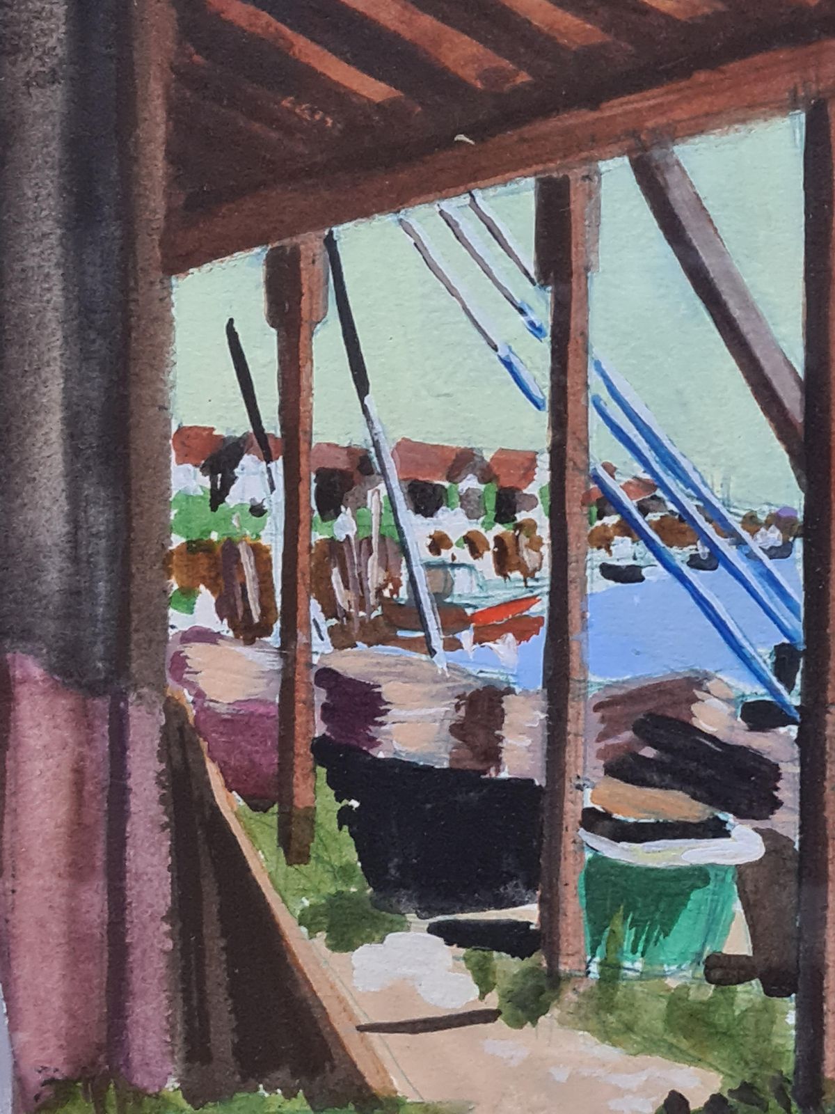 Boats In Harbour, Looking Out To The Sea, Colourful French Watercolour, The Port From 1989 By Jean Paul Claveau photo 289.0