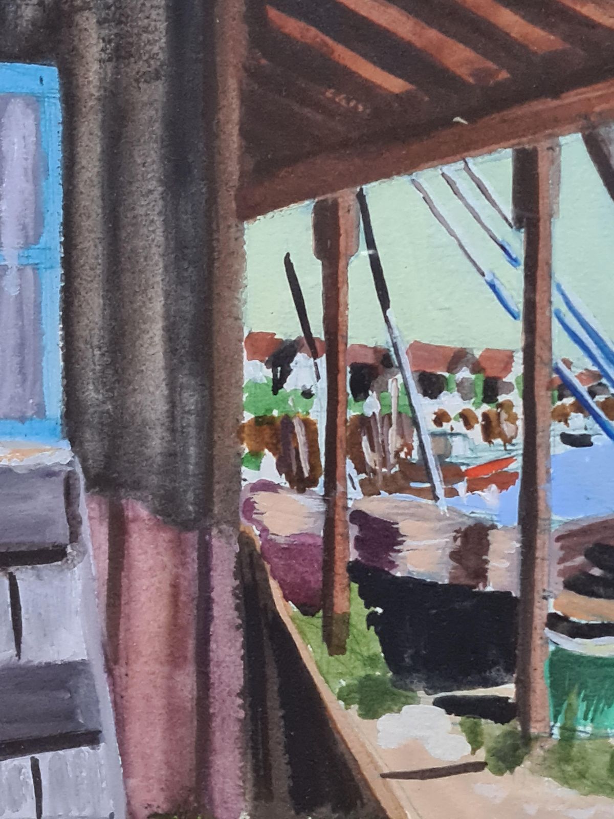 Boats In Harbour, Looking Out To The Sea, Colourful French Watercolour, The Port From 1989 By Jean Paul Claveau photo vinterior