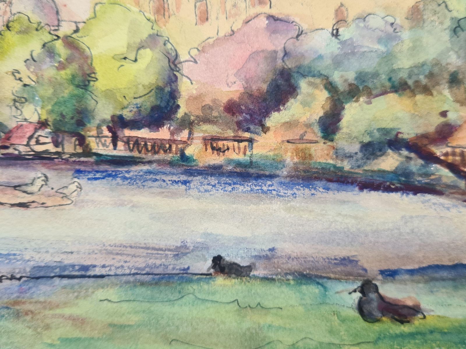 Henri Clamen1930s French Impressionist Watercolour Of Paris, Ducks At The Pond photo furniture