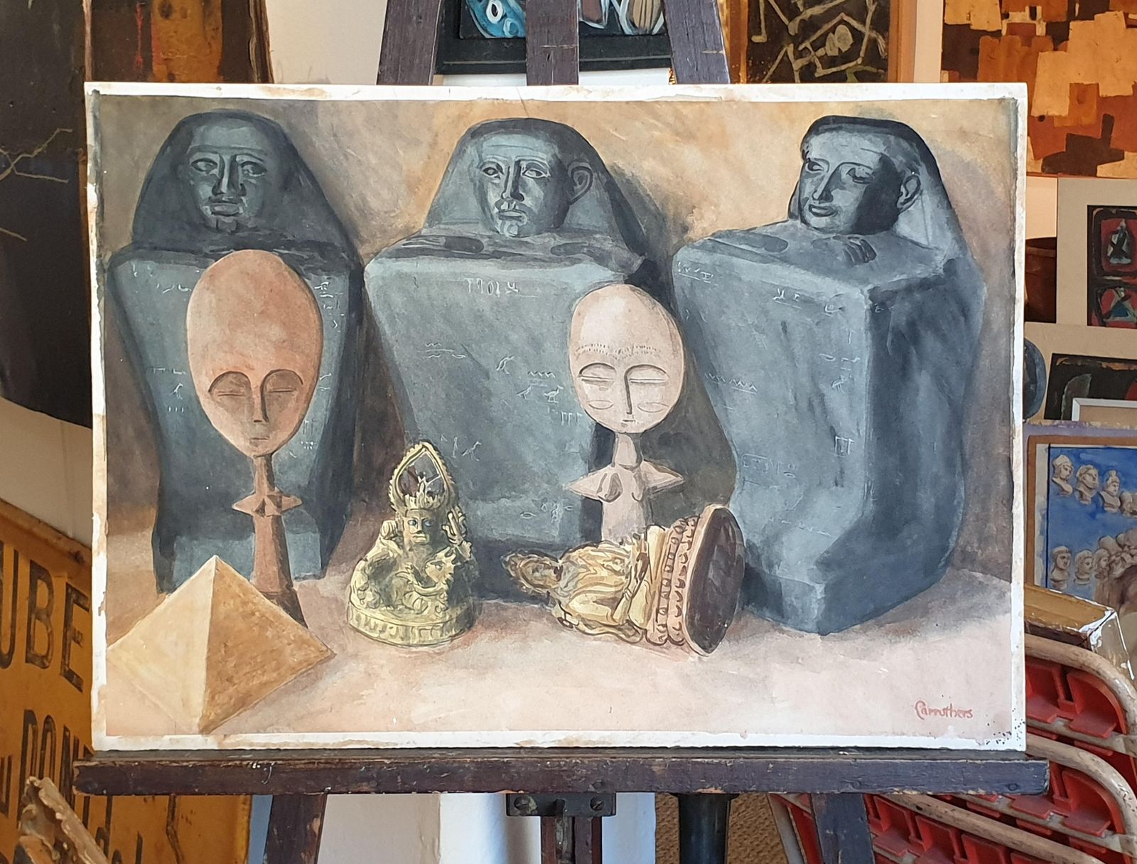 photo vintage Derek Carruthers Surrealist Painting On Paper, 'Godot', Artefacts Of Civilisations Lost1985