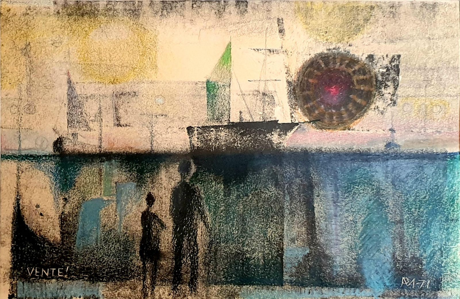 Poul Møllermid Century Danish Surrealist Pastel On Paper. "Sunset Over The Docks".1971