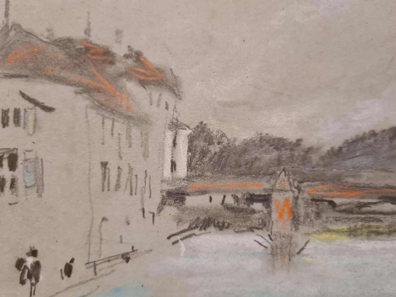 Hercules Brabazon Brabazon19th Century Pastel Of A River Scene, The Chapel Bridge, Lucerne, Switzerland.1860's photo for sale