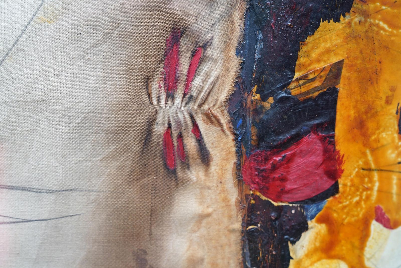 Erling Andersenabstract Composition With Ochre   Danish 1969 Art Mixed Media And Oil Painting1969 photo Art