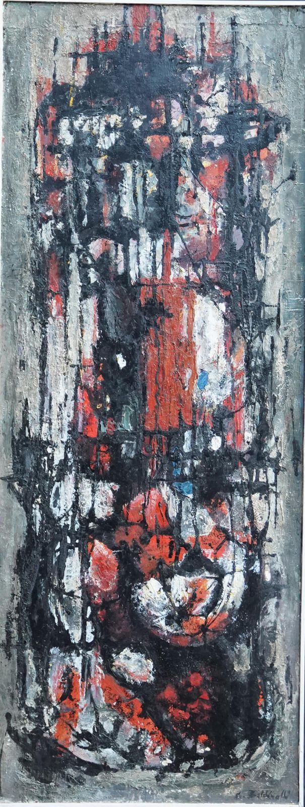 Armando Baldinelliblack White Orange Abstract   Italian/South African Art Fifties Oil Painting Circa 1958