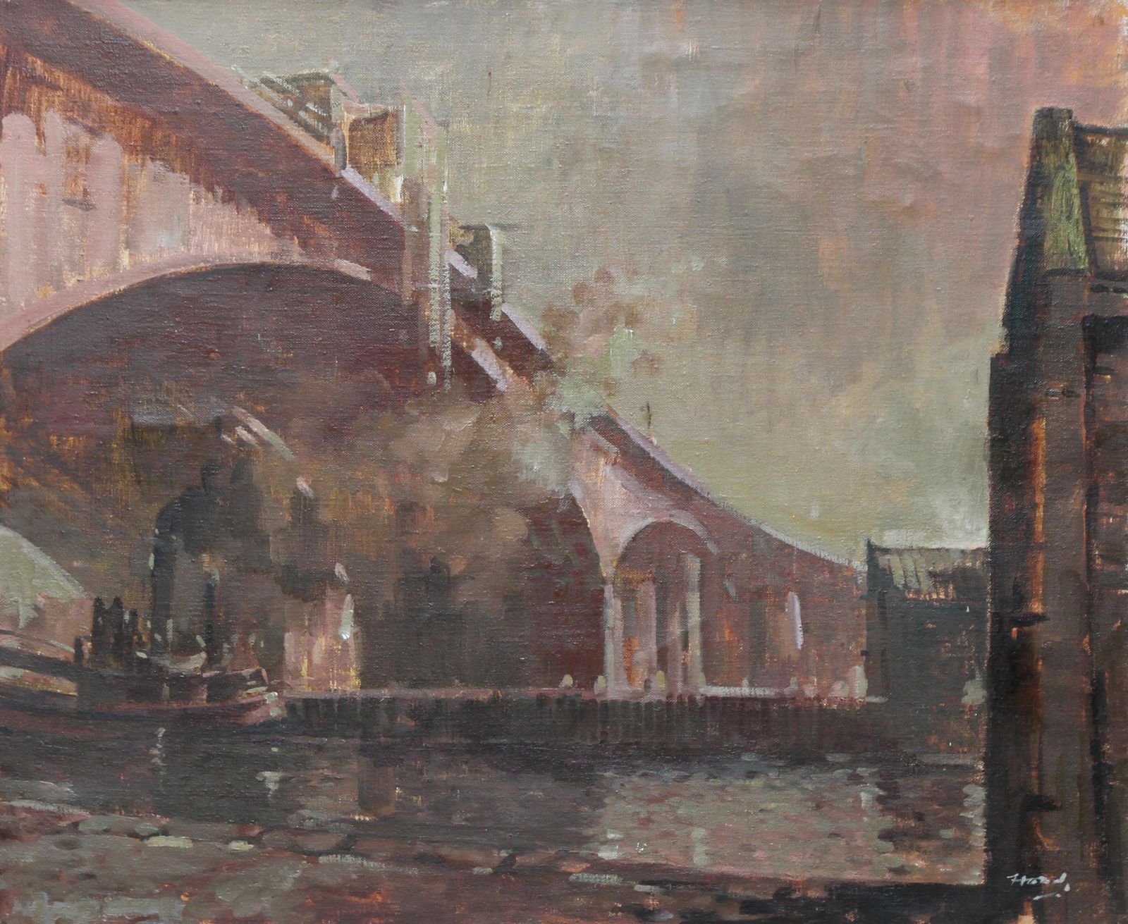 Ernest Burnett Hoodthe Bridge   Scottish 20thc Art Oil Painting Industrial River Landscape Glasgow1970 photo furniture