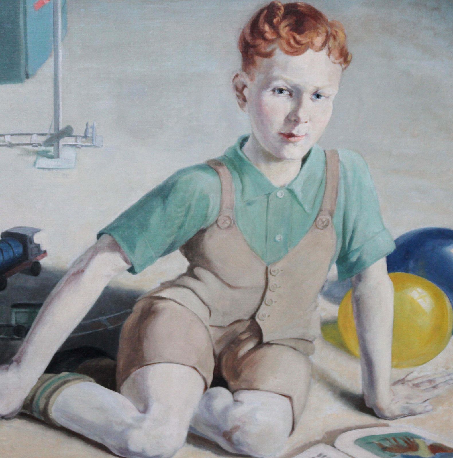 Agnes L Reidthe Train Set   British 20's Art Interior Oil Portrait Boy Playing Female Artistcrica 1920 photo Art