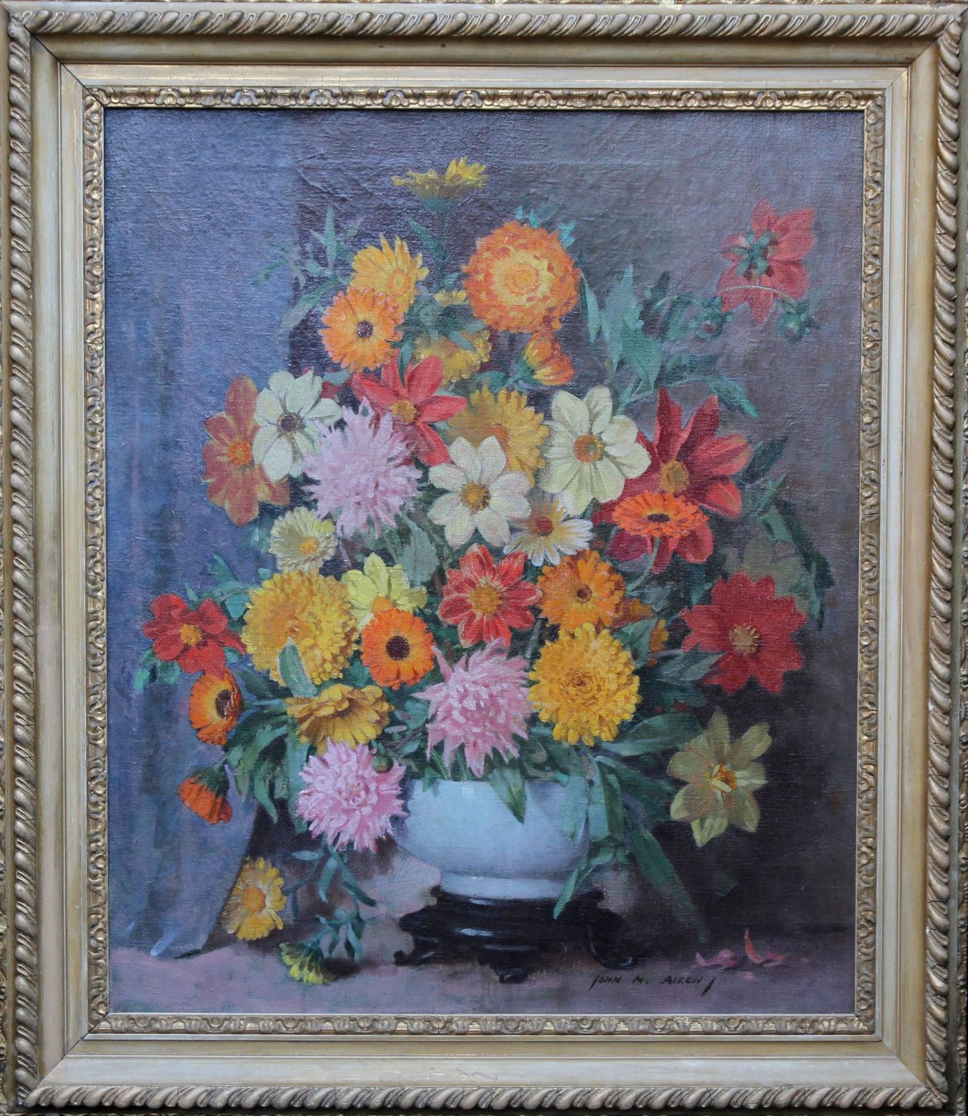 John Aikenscottish Floral   Scottish Art 1920's Oil Painting Still Life Floral Arangementcirca 1925